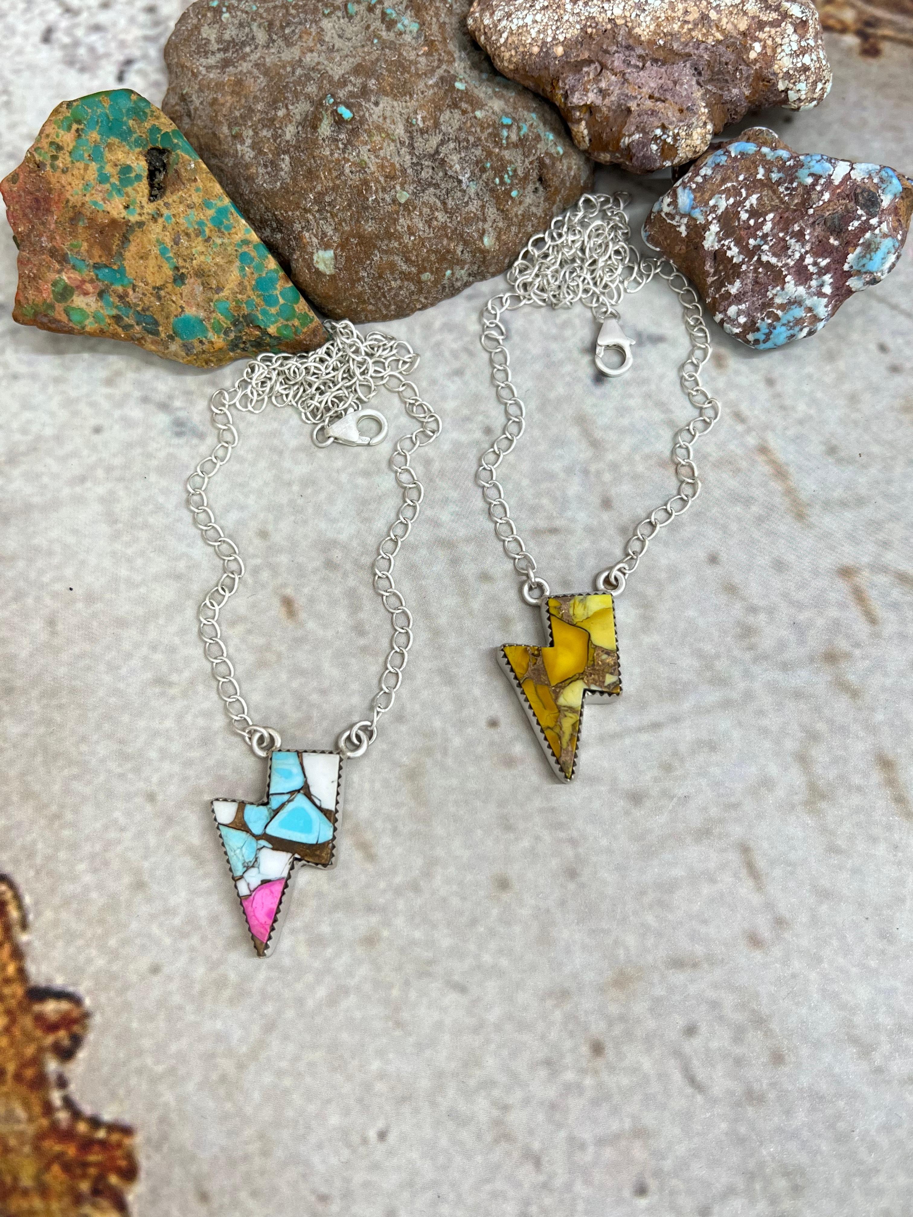 Handmade Sterling Silver Cotton Candy, Honey Dahlia Lightning Bolt Necklace Signed Nizhoni (3)