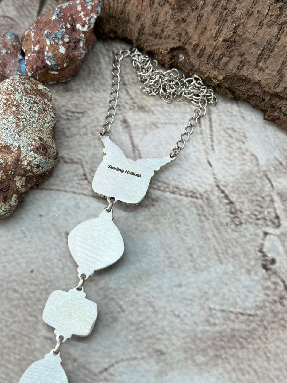 Handmade Sterling Silver Lander Turquoise Necklace with Signed Nizhoni