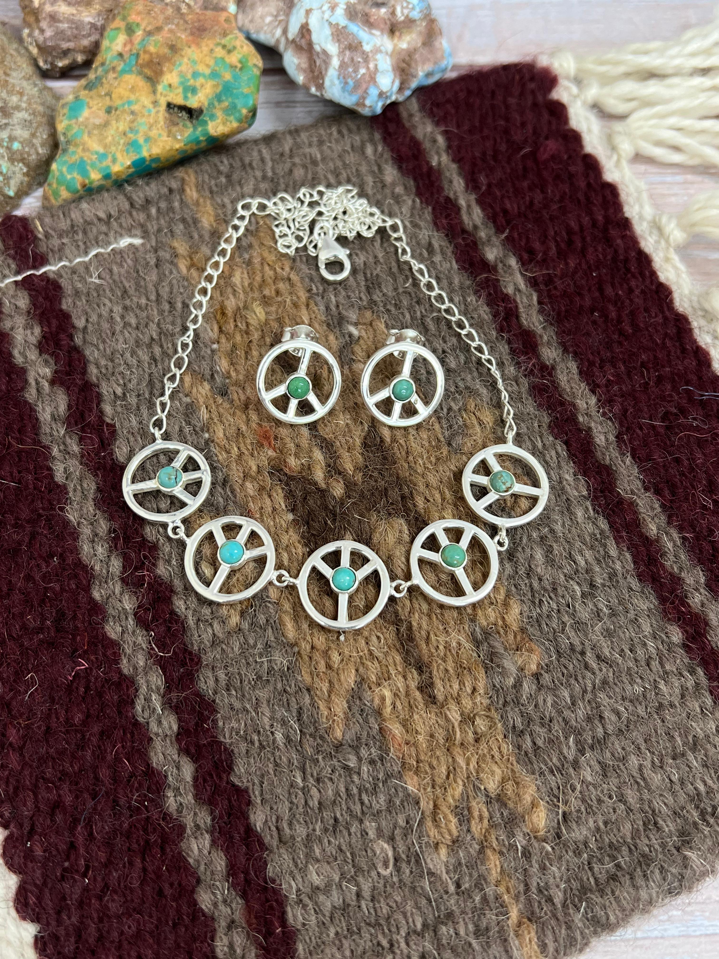 Handmade Sterling Silver Kingman Turquoise Necklace Earrings Set with Signed Nizhoni