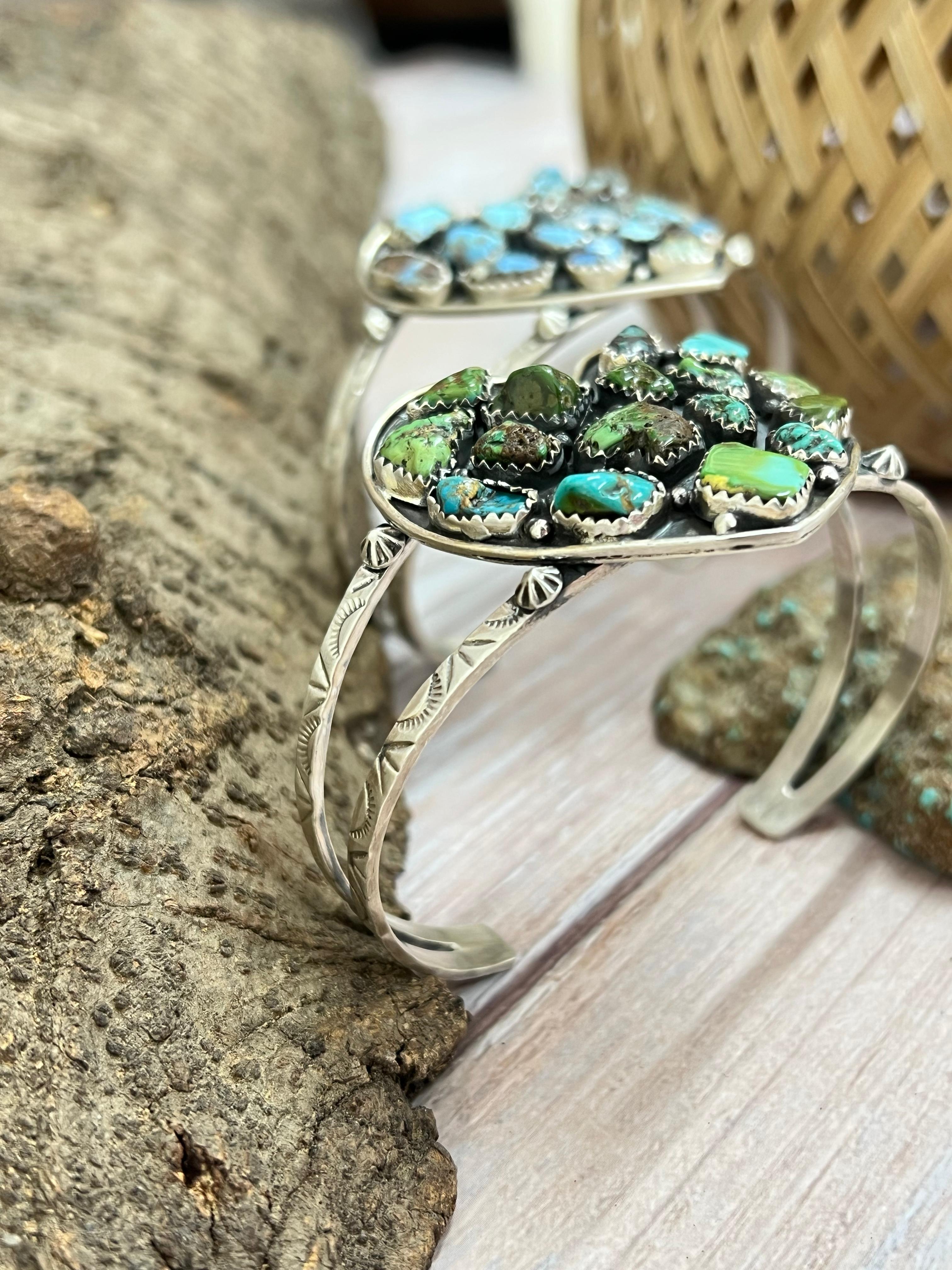 Handmade Sterling Silver Golden Hill, Sonoran Mountain Turquoise Heart Bracelet with Signed Nizhoni /