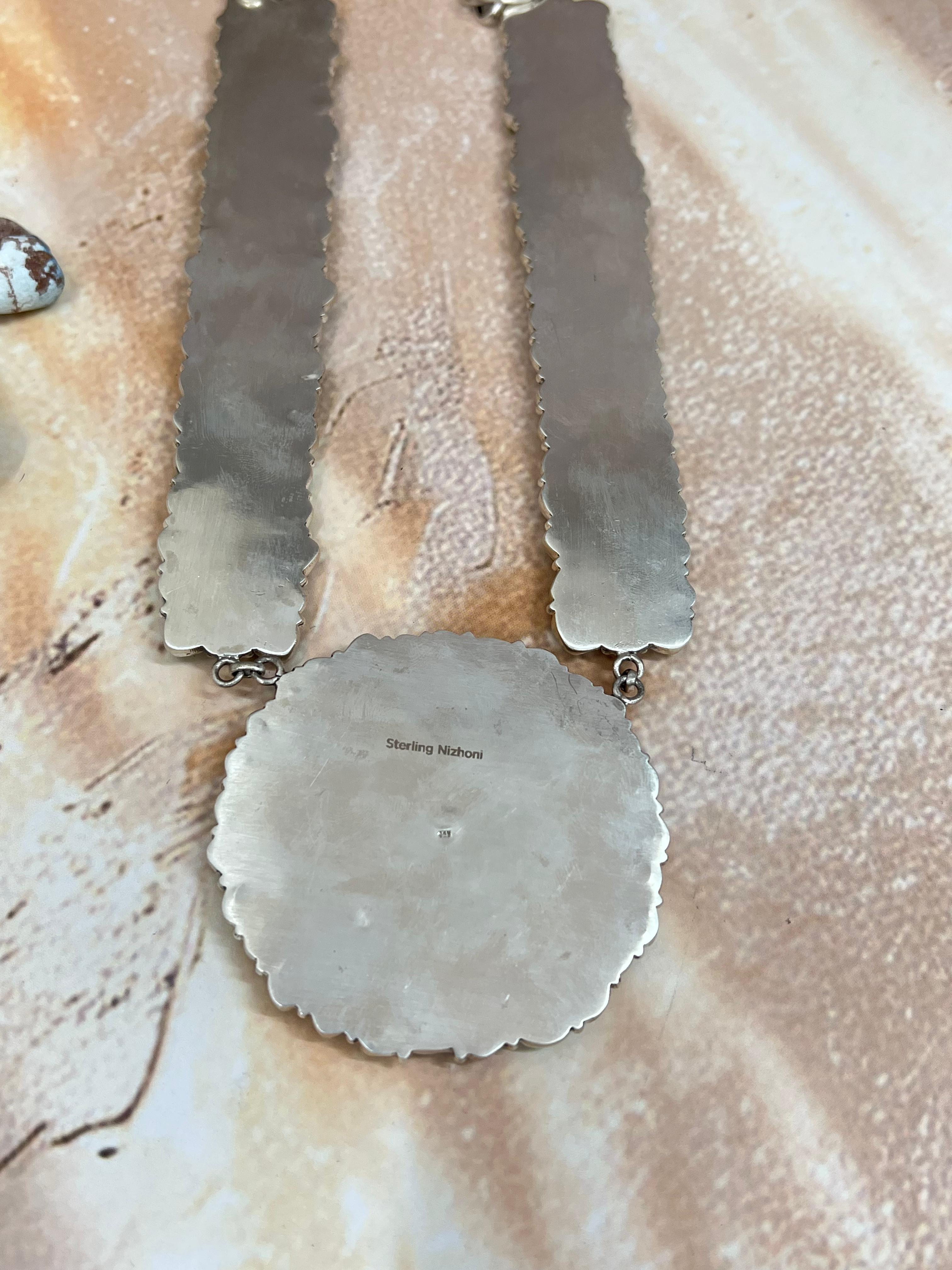 Handmade Sterling Silver Sonoran Mountain Turquoise Necklace with Signed Nizhoni