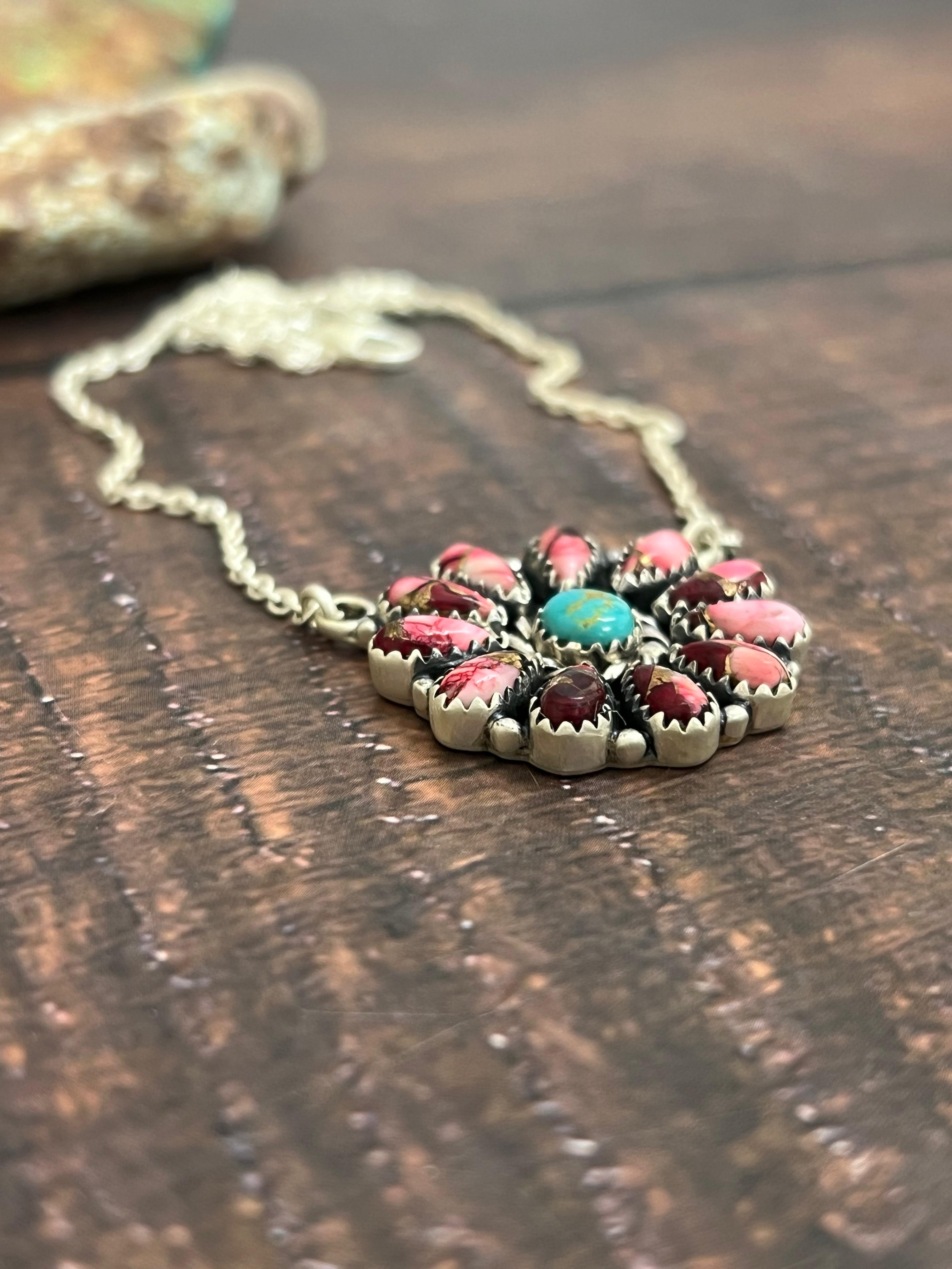 Handmade Sterling Silver Dahlia Rose, Kingman Turquoise Necklace with Signed Nizhoni