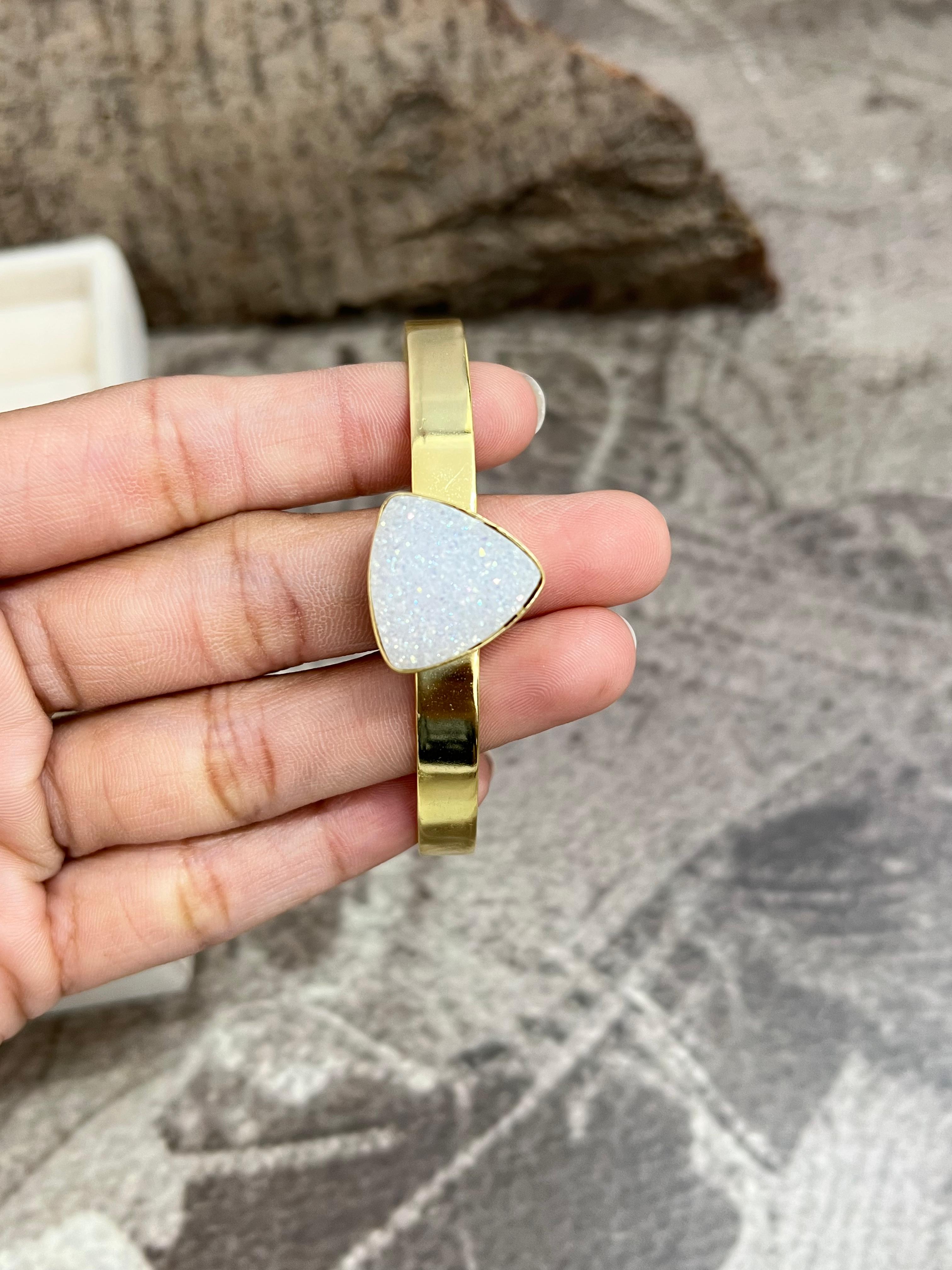 “The Boho Collection” Handmade Natural Gold Plated White Druzy Cuff Bracelet