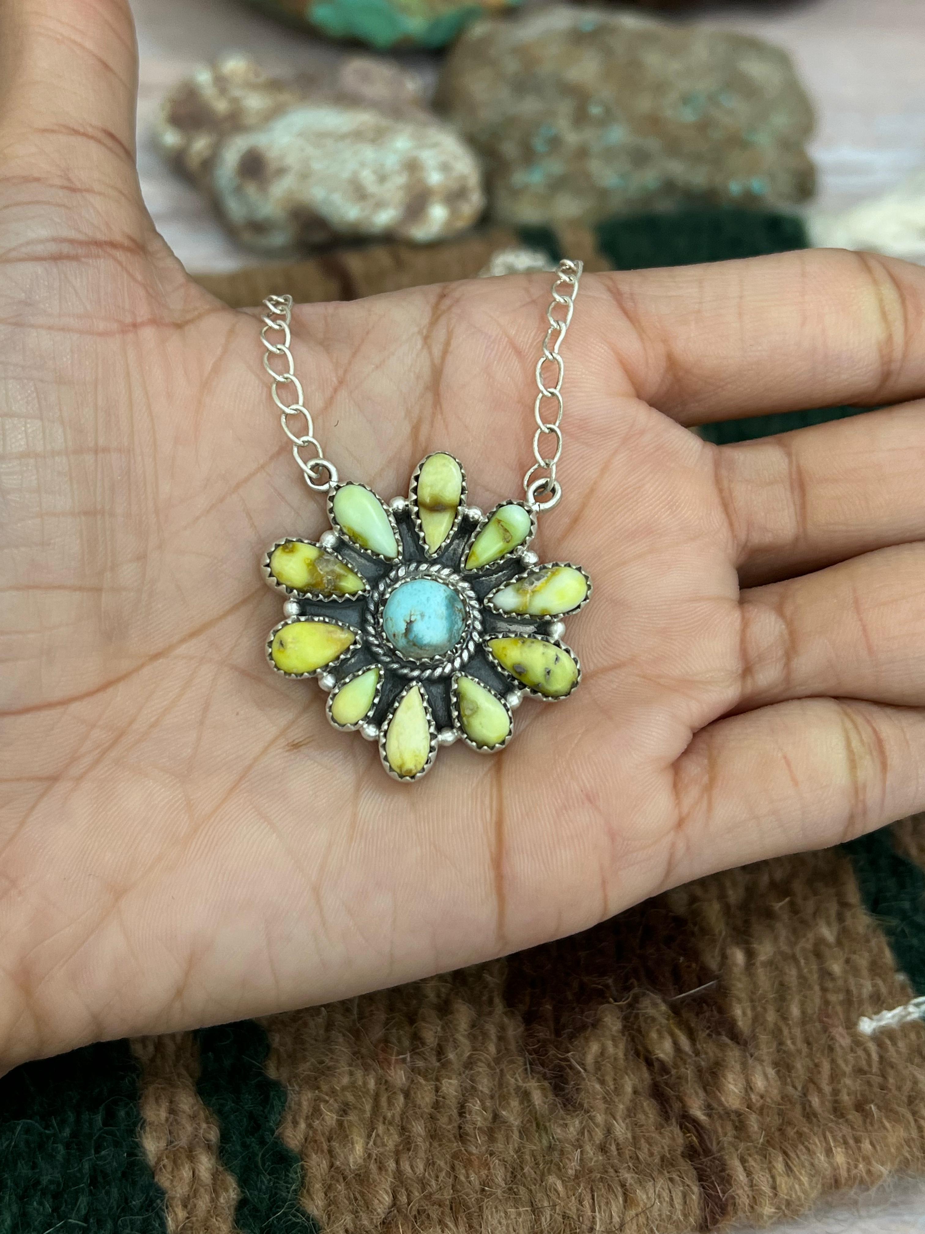 Handmade Sterling Silver Palomino, Golden Hills Turquoise Necklace with Signed Nizhoni