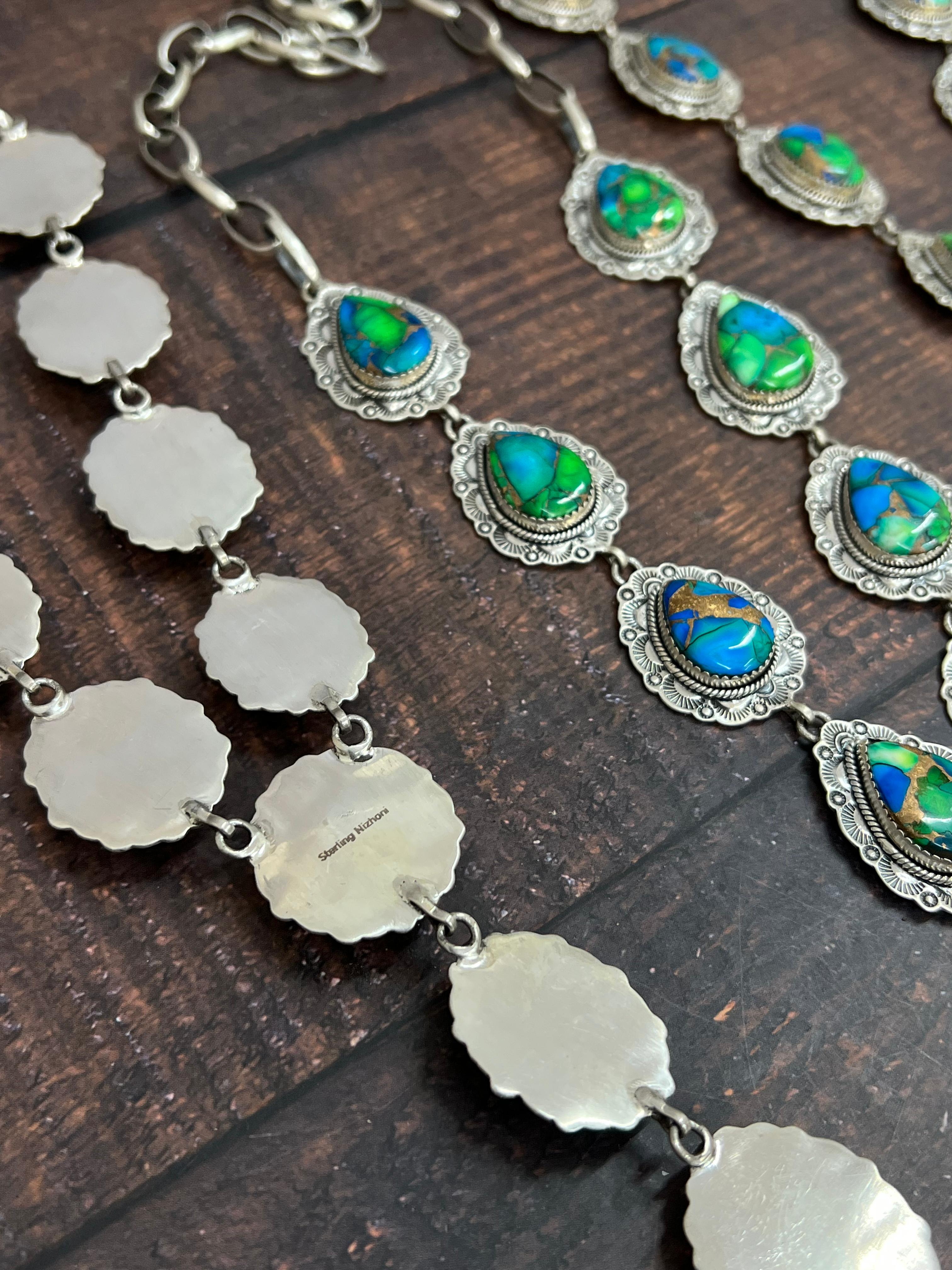 Handmade Sterling Silver Peacock Dahlia Necklace with Signed Nizhoni