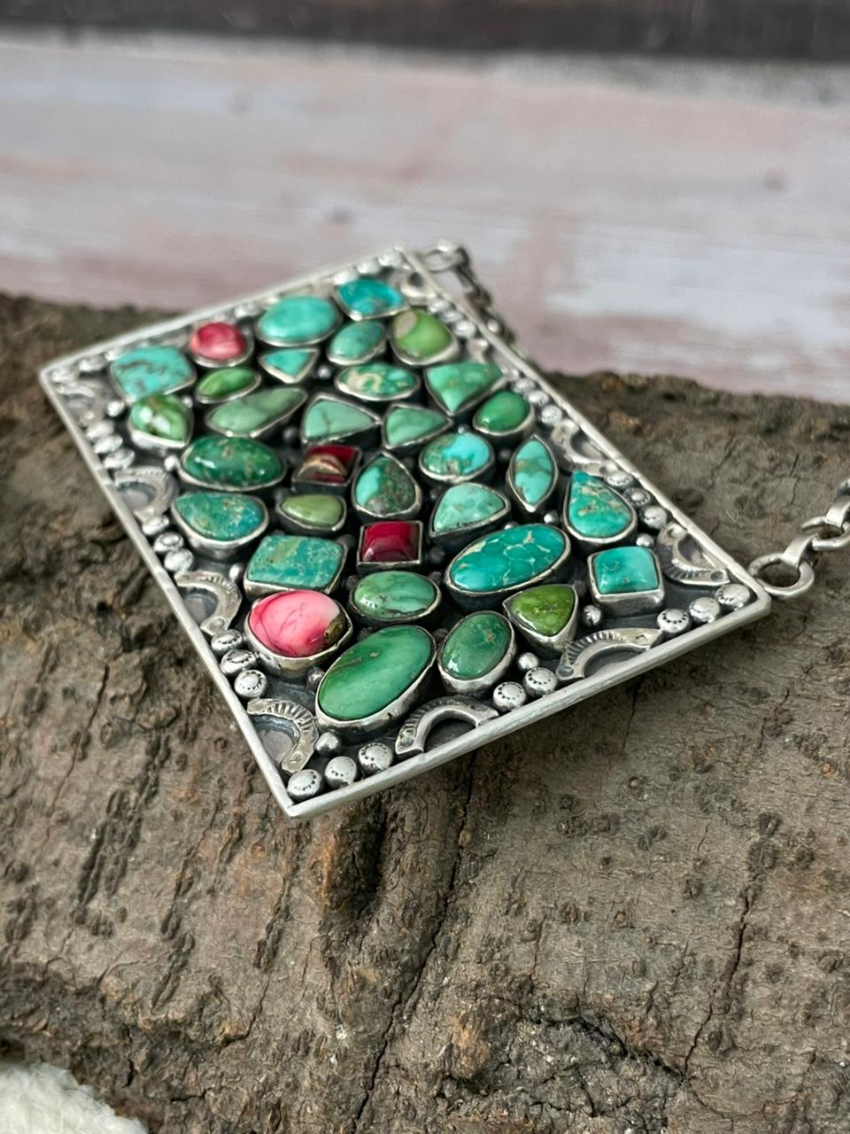 Handmade Sterling Silver Dahlia Rose with Emerald Valley Turquoise Necklace "Signed Nizhoni"