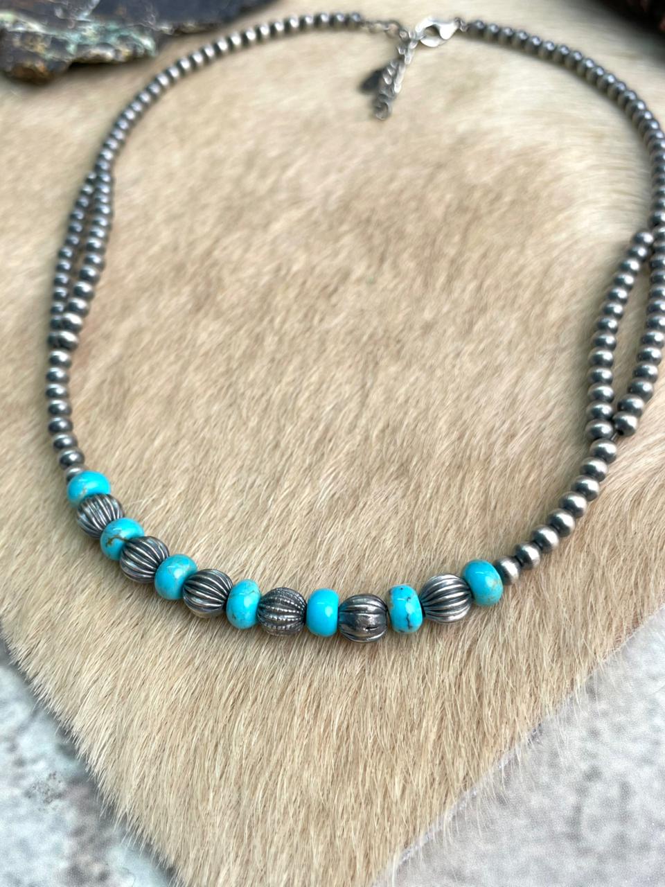 Handmade Sterling Silver Kingman Turquoise Beaded Necklace "Signed Nizhoni"