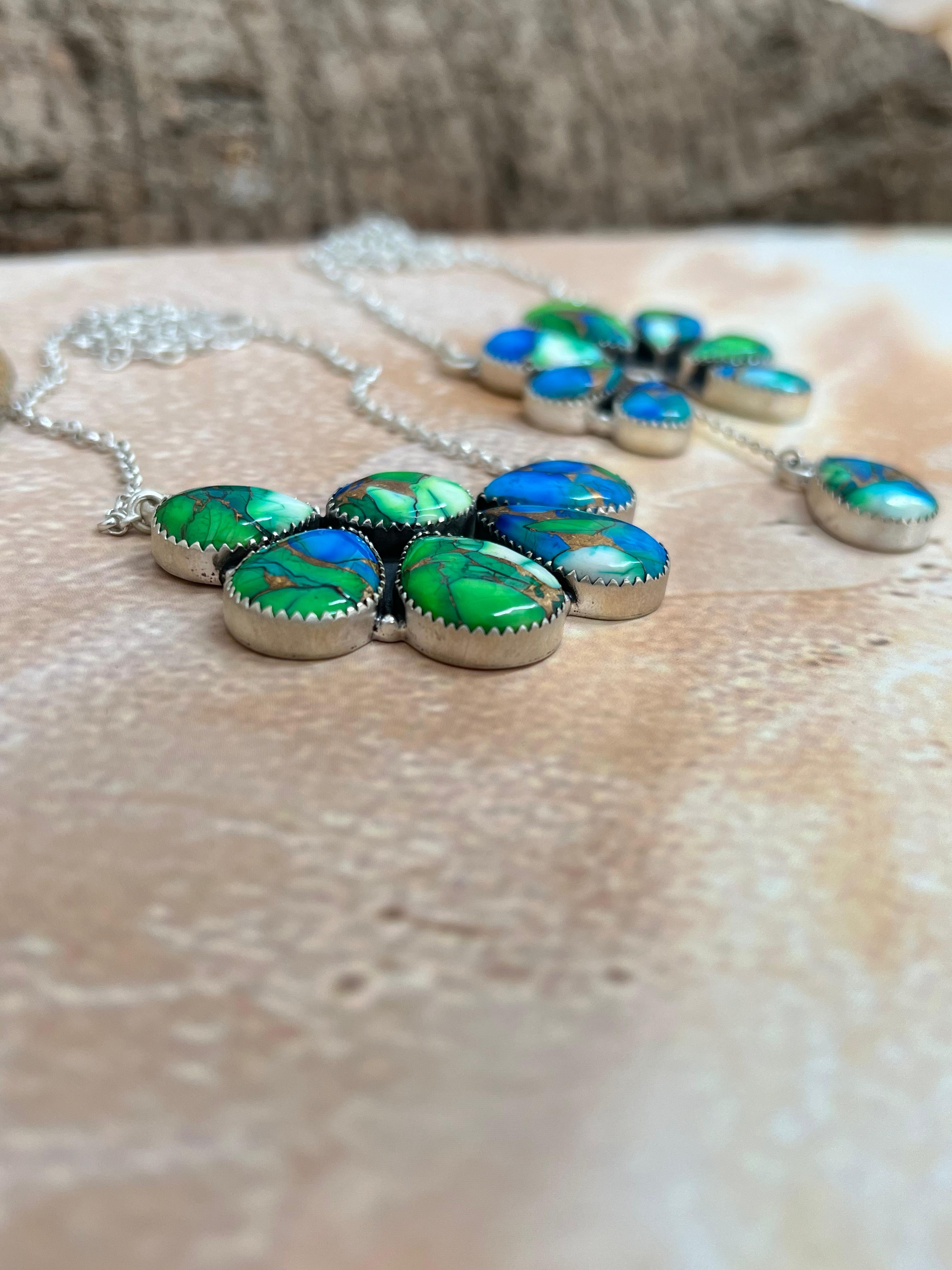 Handmade Sterling Silver Peacock Dahlia Necklace with Signed Nizhoni