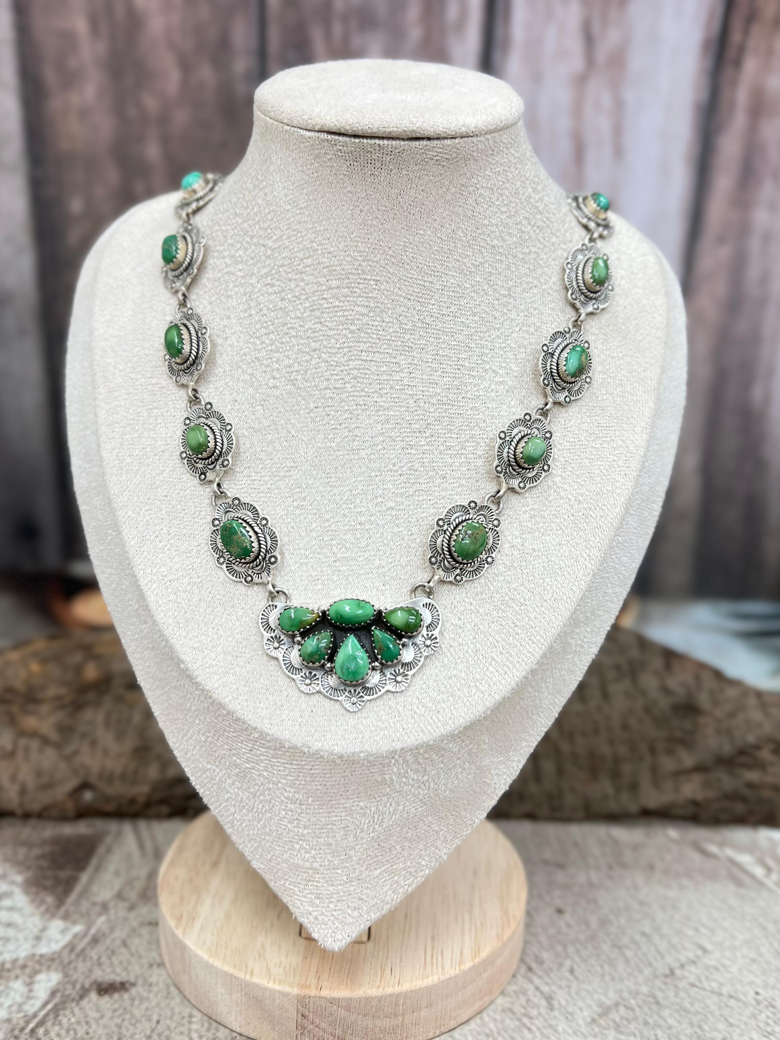 Handmade Sterling Silver Palomino, Sonoran Mountain Turquoise Necklace with Signed Nizhoni