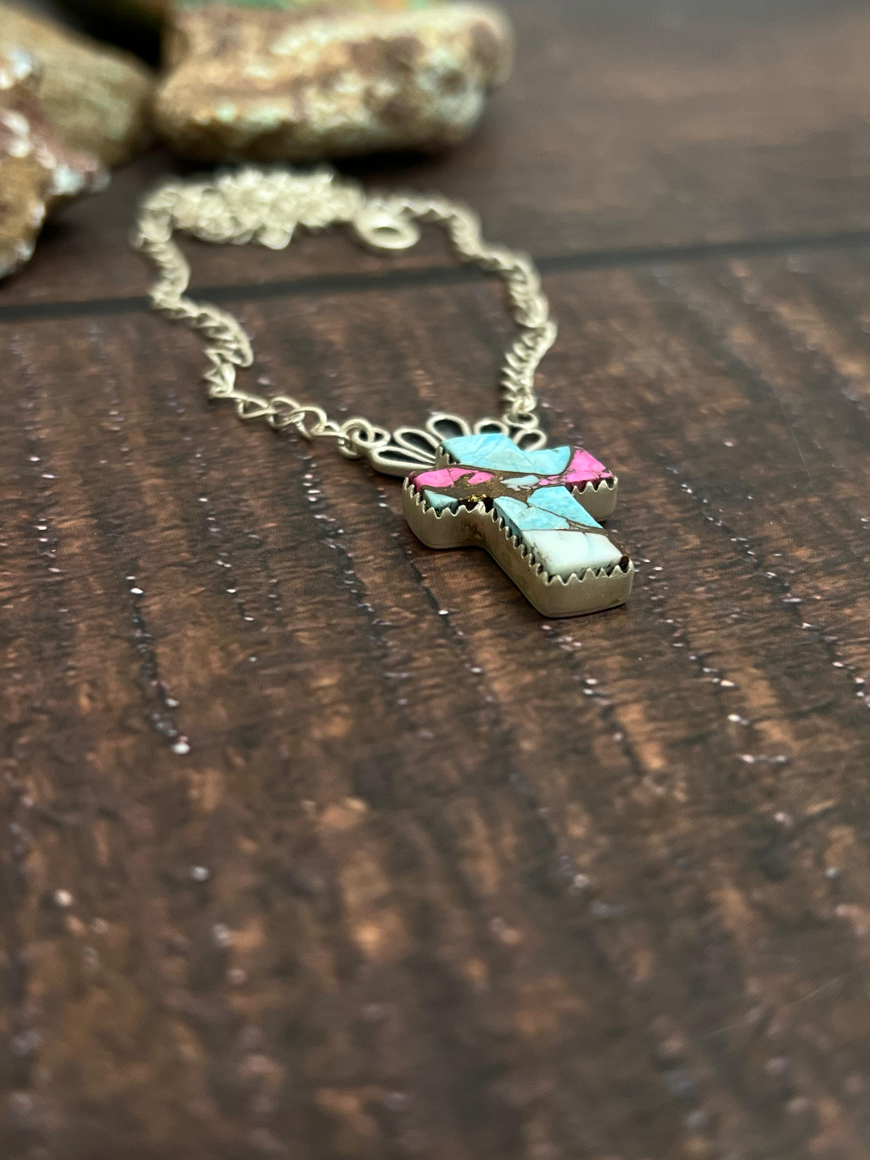 Handmade Sterling Silver Cotton Candy Cross Necklace Signed Nizhoni