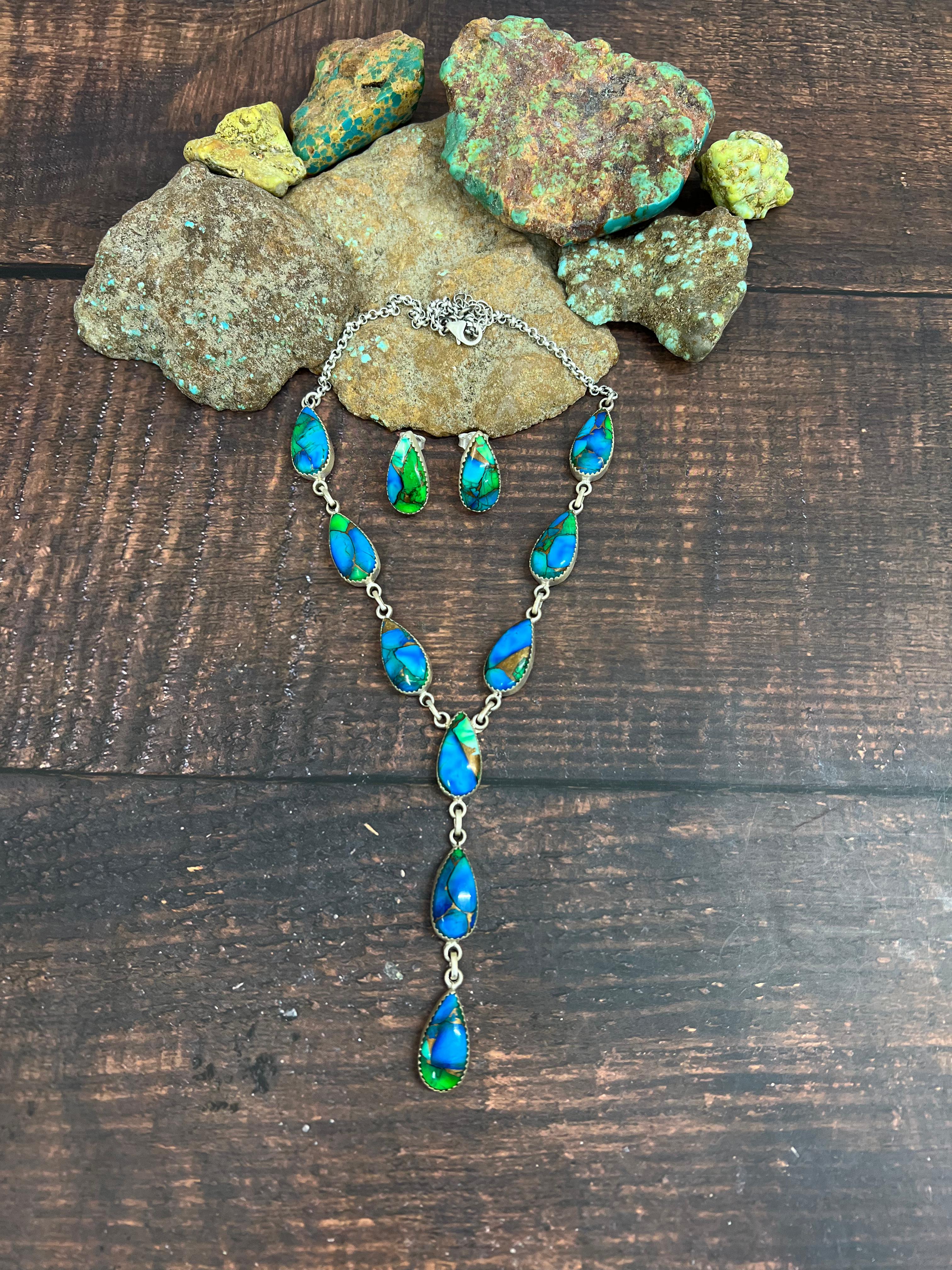 Handmade Sterling Silver Peacock Dahlia Necklace Earrings Set with Signed Nizhoni