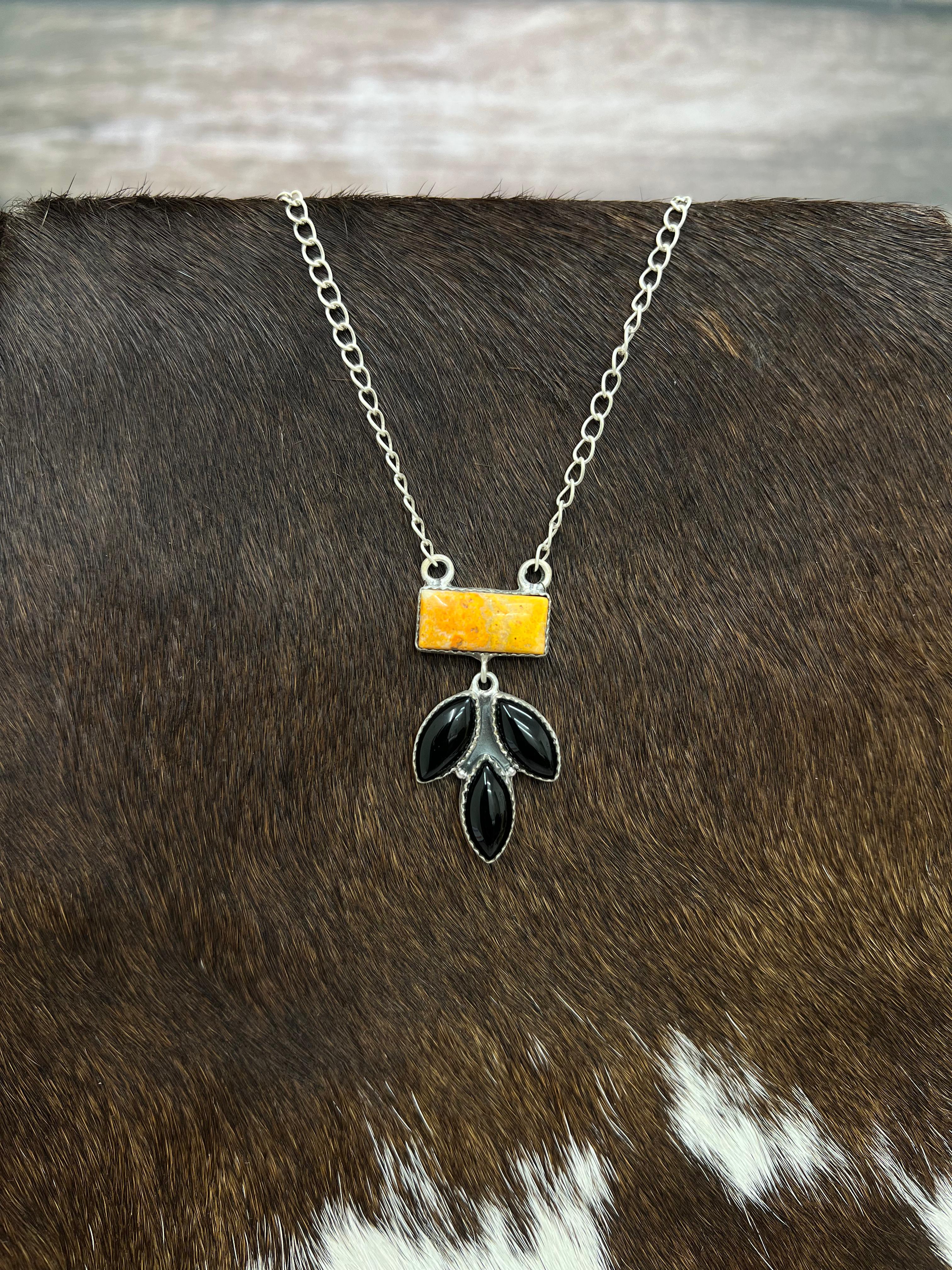 "Halloween Collection" Handmade Sterling Silver Black Onyx, Bumblebee Necklace with Signed Nizhoni