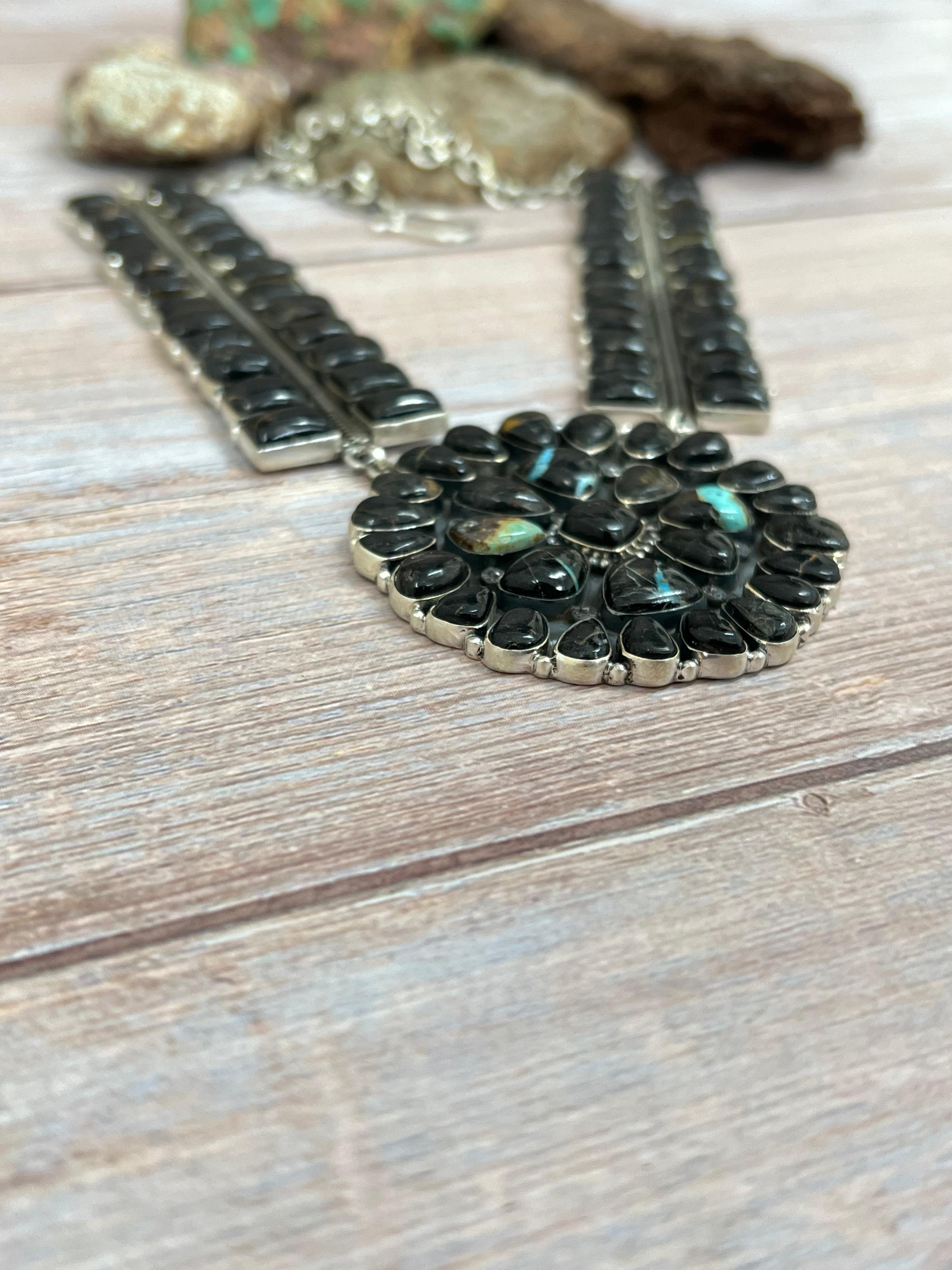 Handmade Sterling Silver Blackjack Turquoise Necklace with Signed Nizhoni