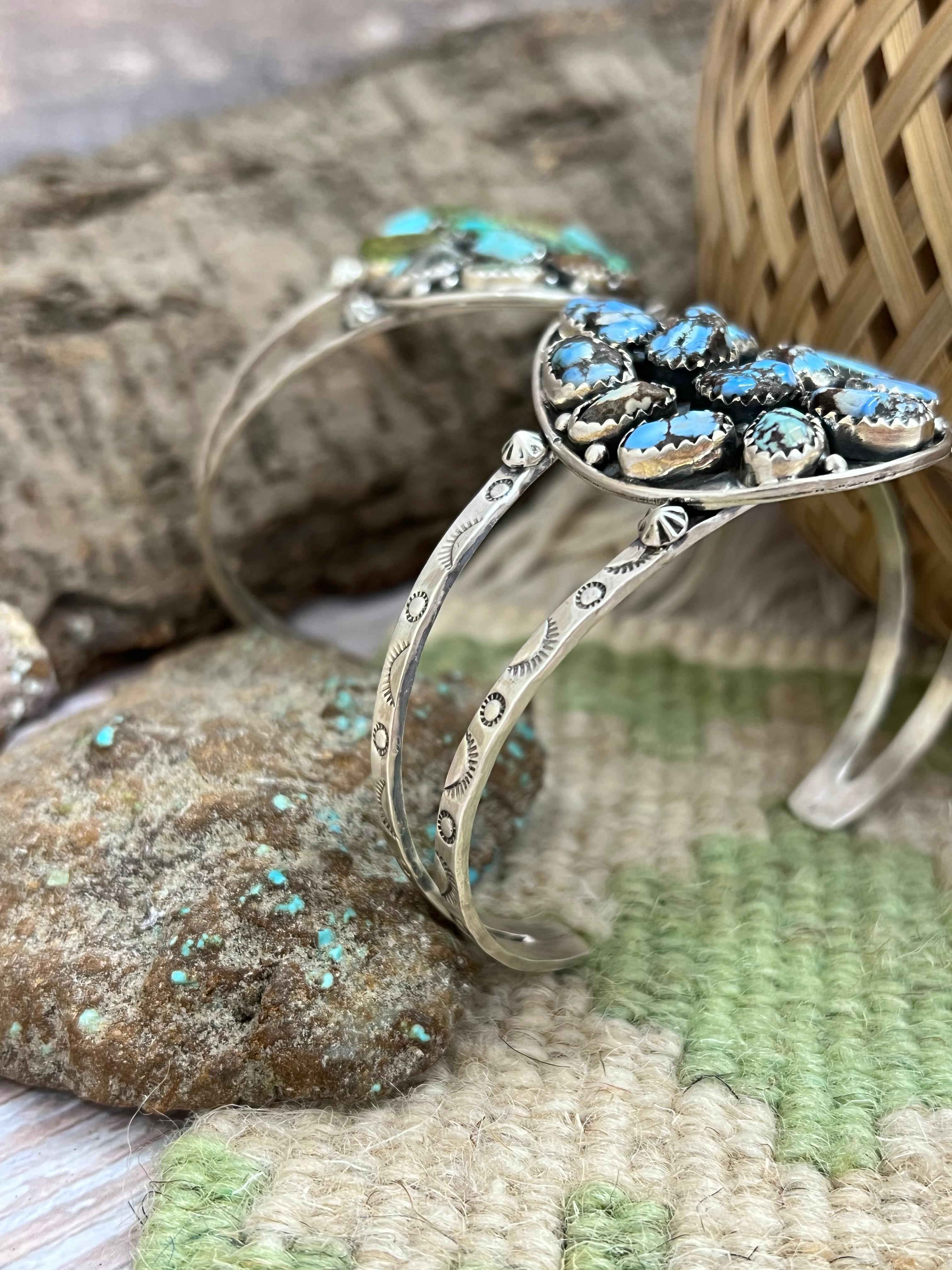 Handmade Sterling Silver Golden Hill, Sonoran Mountain Turquoise Bracelet with Signed Nizhoni /
