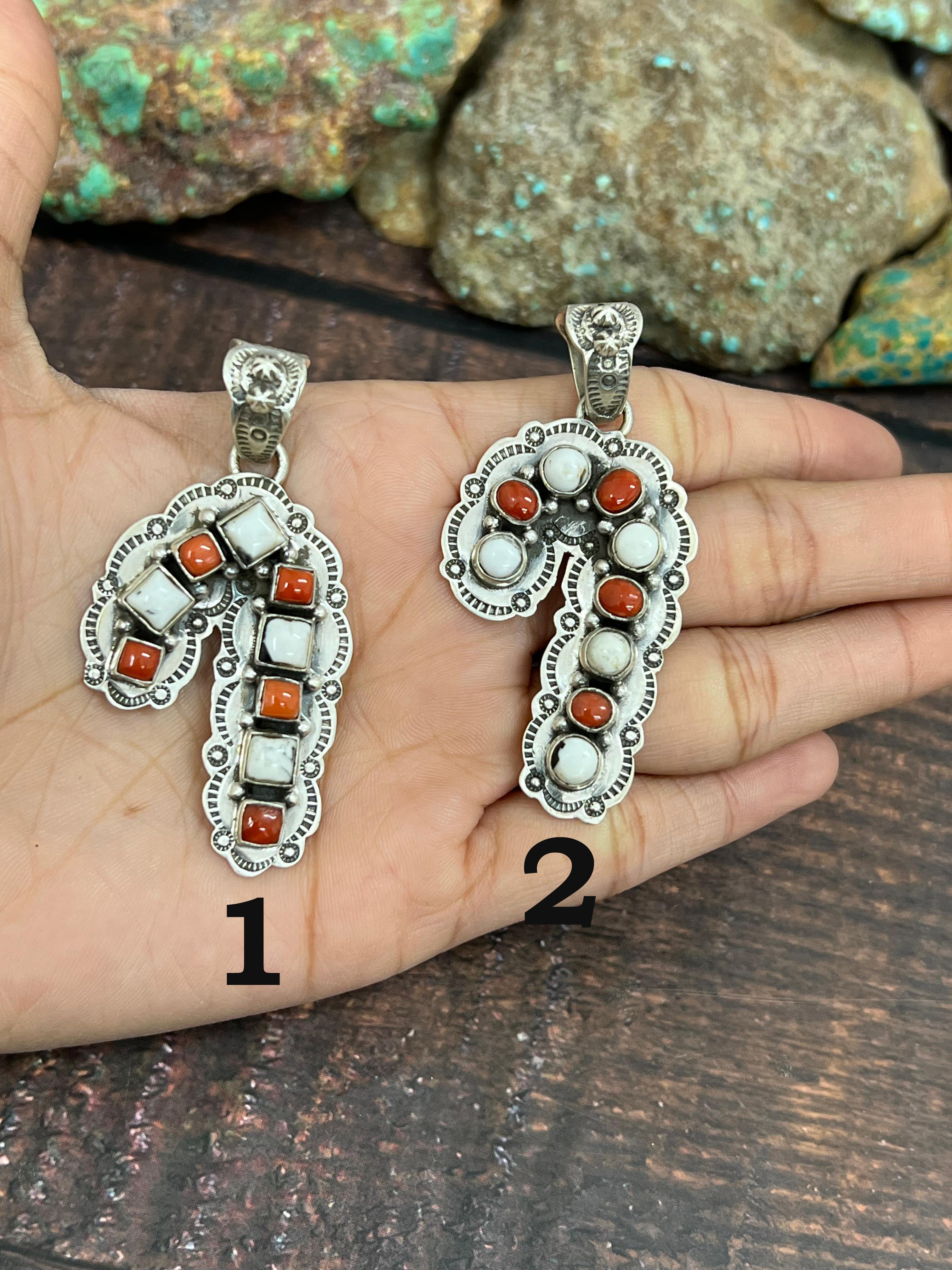 Handmade Sterling Silver Coral with White Buffalo Turquoise Pendant, Signed Nizhoni