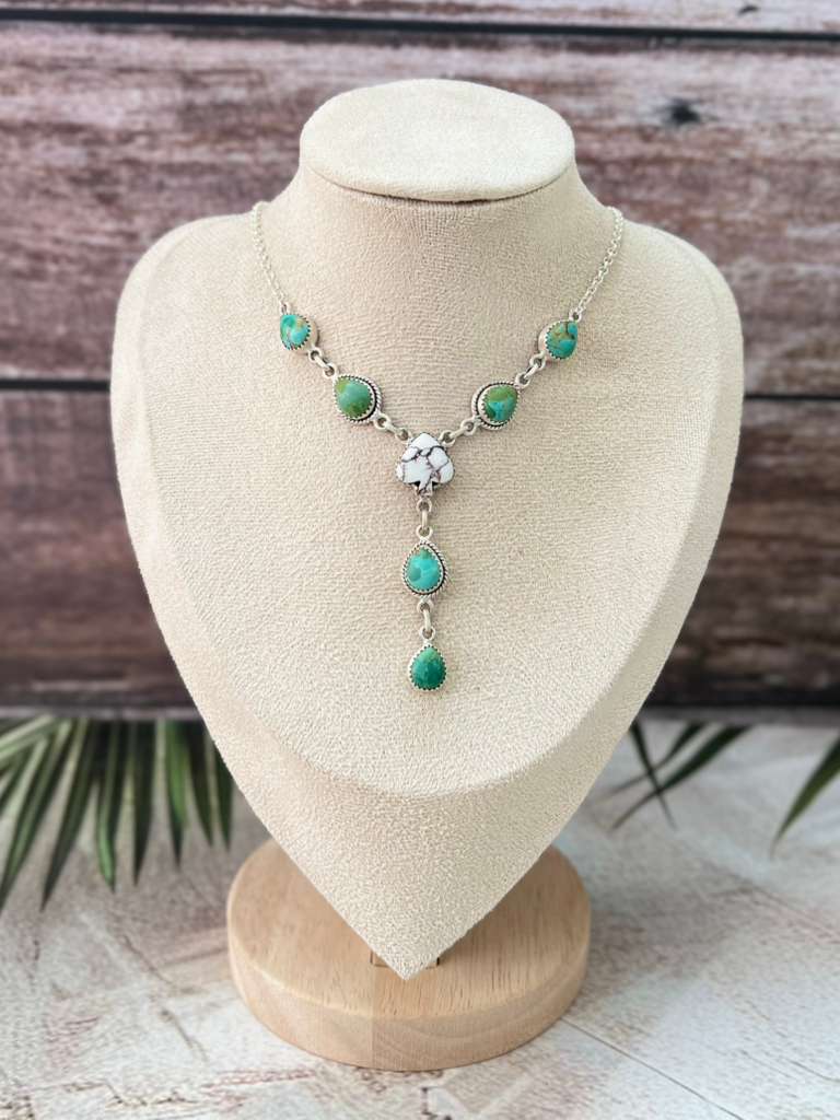 Handmade Sterling Silver Wild Horse Magnesite with Kingman Turquoise Necklace with Signed Nizhoni