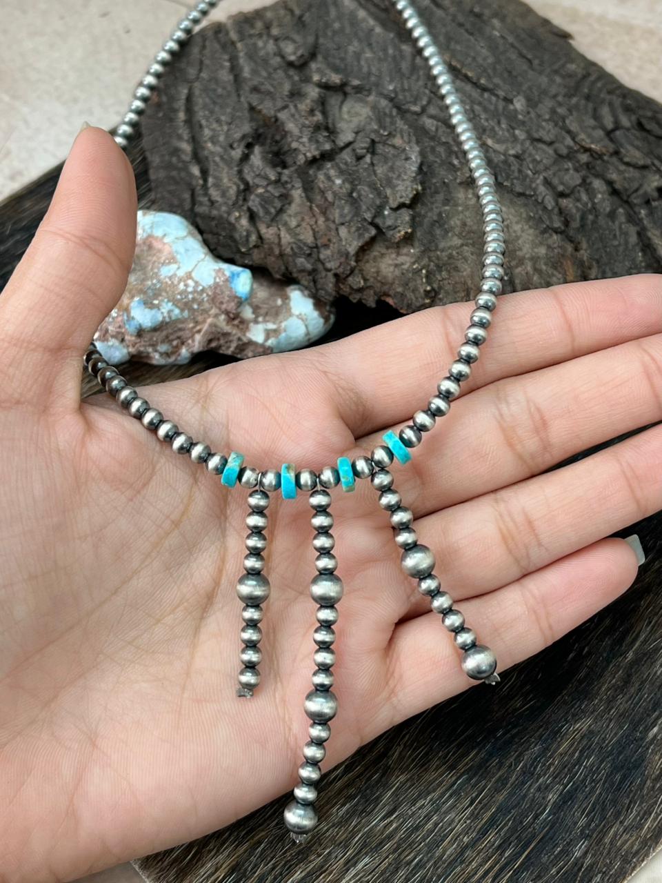 Handmade Sterling Silver Kingman Turquoise Beaded Necklace "Signed Nizhoni"