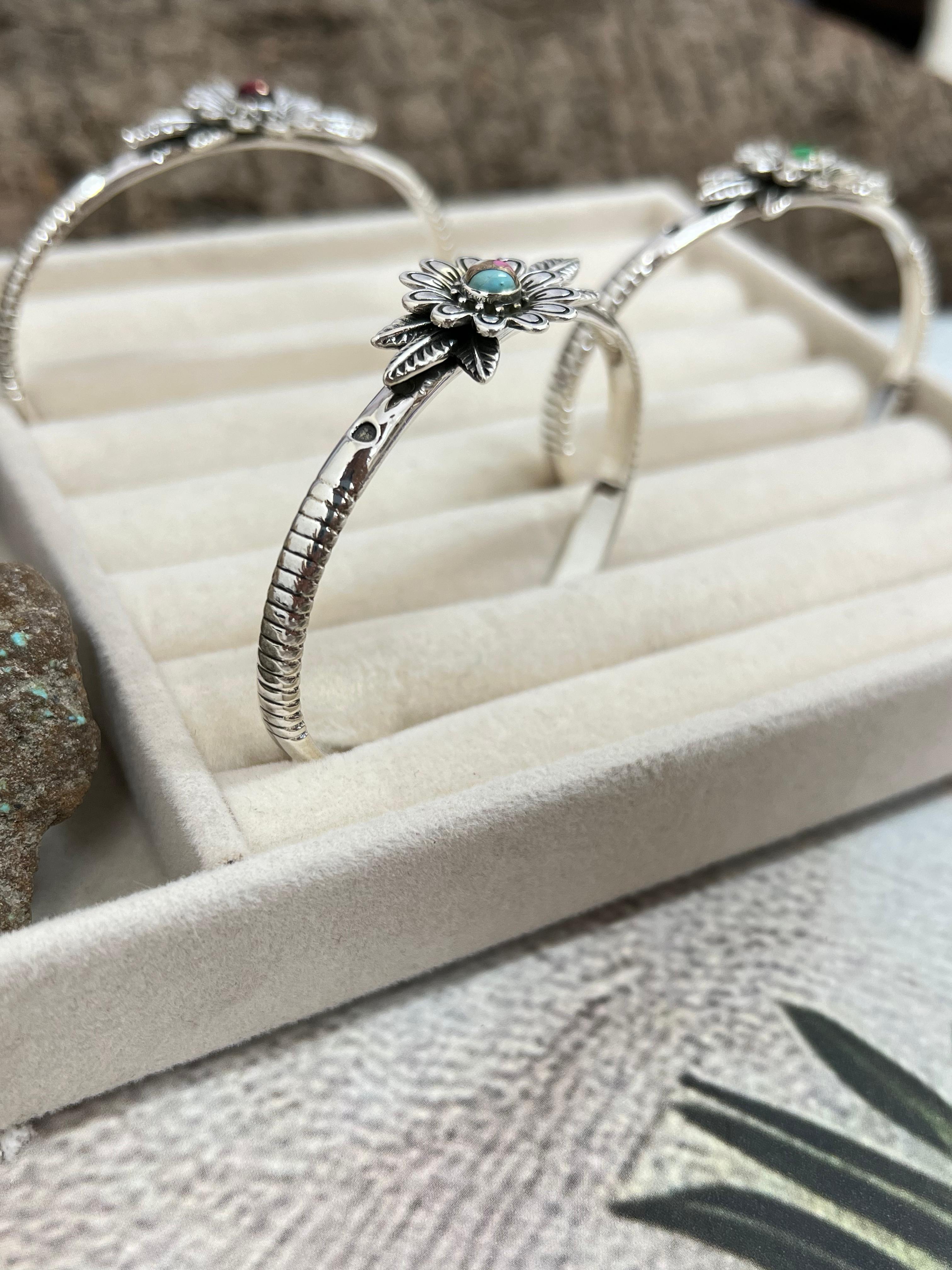 Handmade Sterling Silver Peacock Dahlia, Cotton Candy Turquoise, Dahlia Rose Cuff Bracelet with Signed Nizhoni (4)