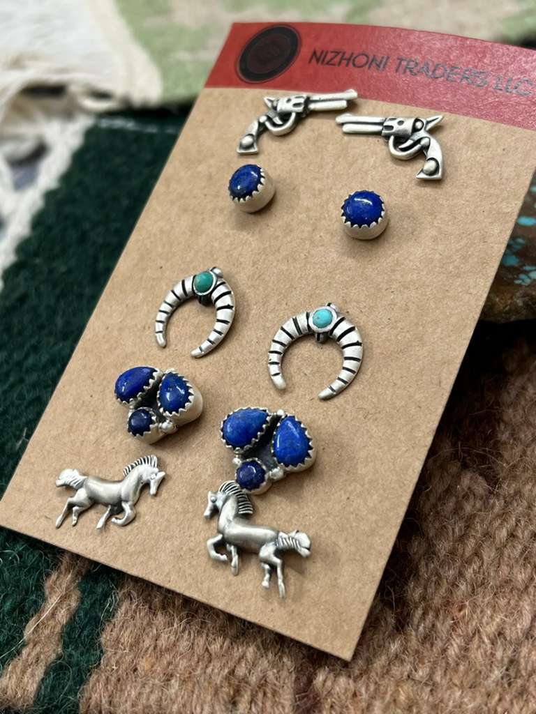 Handmade Sterling Silver Kingman Turquoise and Lapis Post Studs (Card) with Signed Nizhoni