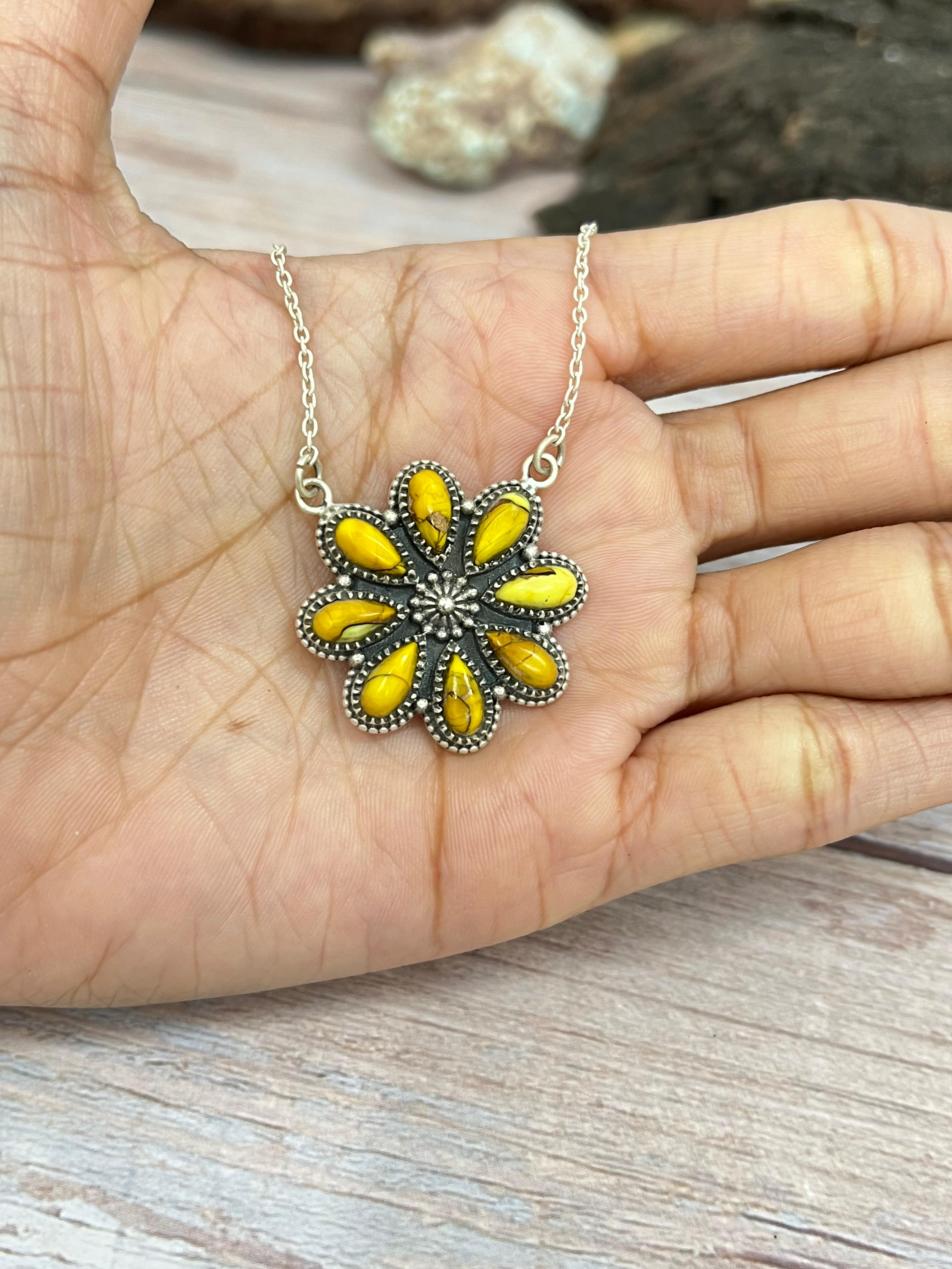 Handmade Sterling Silver Honey Dahlia Necklace with Signed Nizhoni
