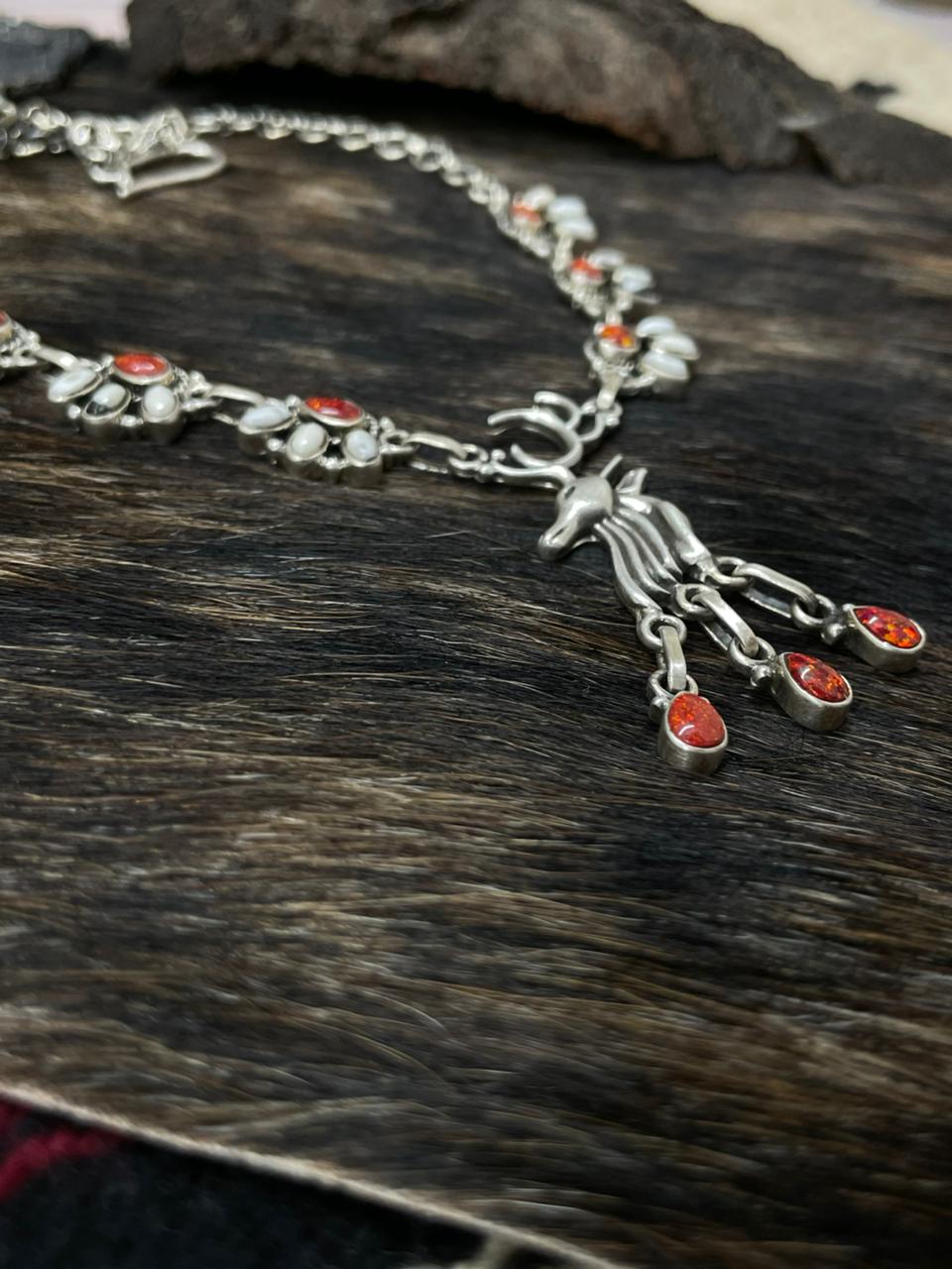 Handmade Sterling Silver White Buffalo with Red Opal Necklace "Signed Nizhoni"