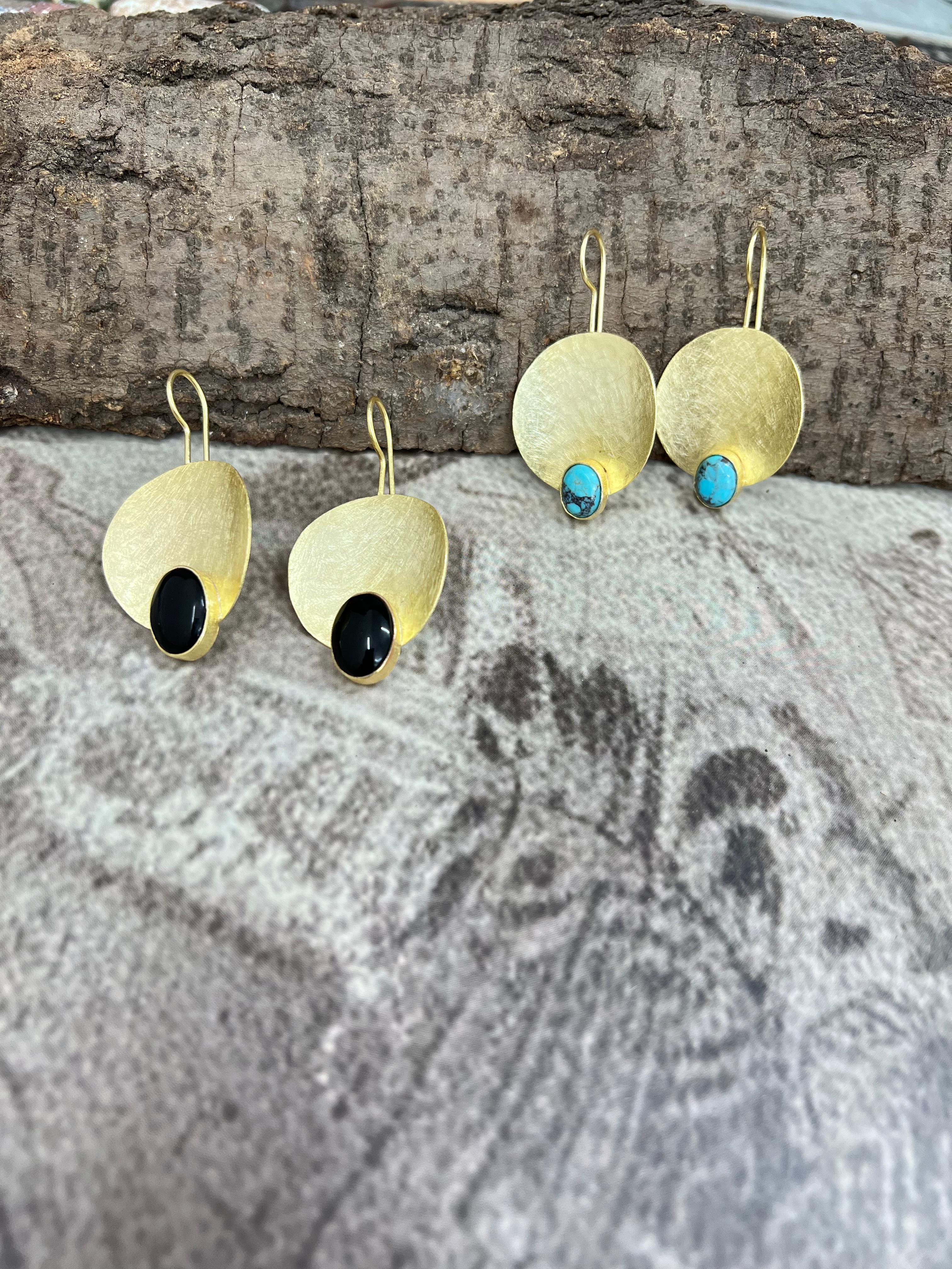 “The Golden Collection” Handmade Natural Black Onyx, Kingman Turquoise Hook Earrings
