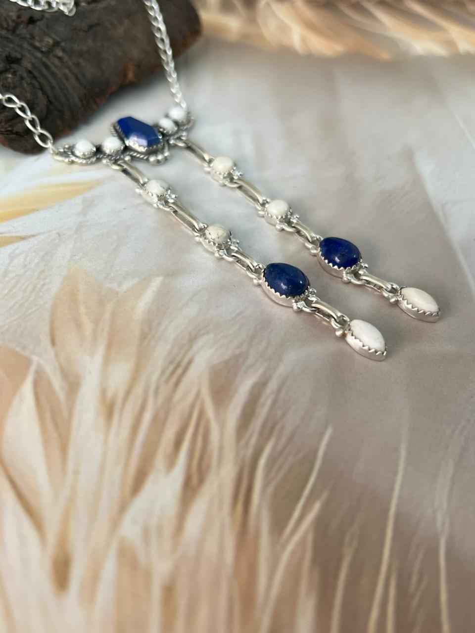 Handmade Sterling Silver White Buffalo with Lapis Necklace "Signed Nizhoni"