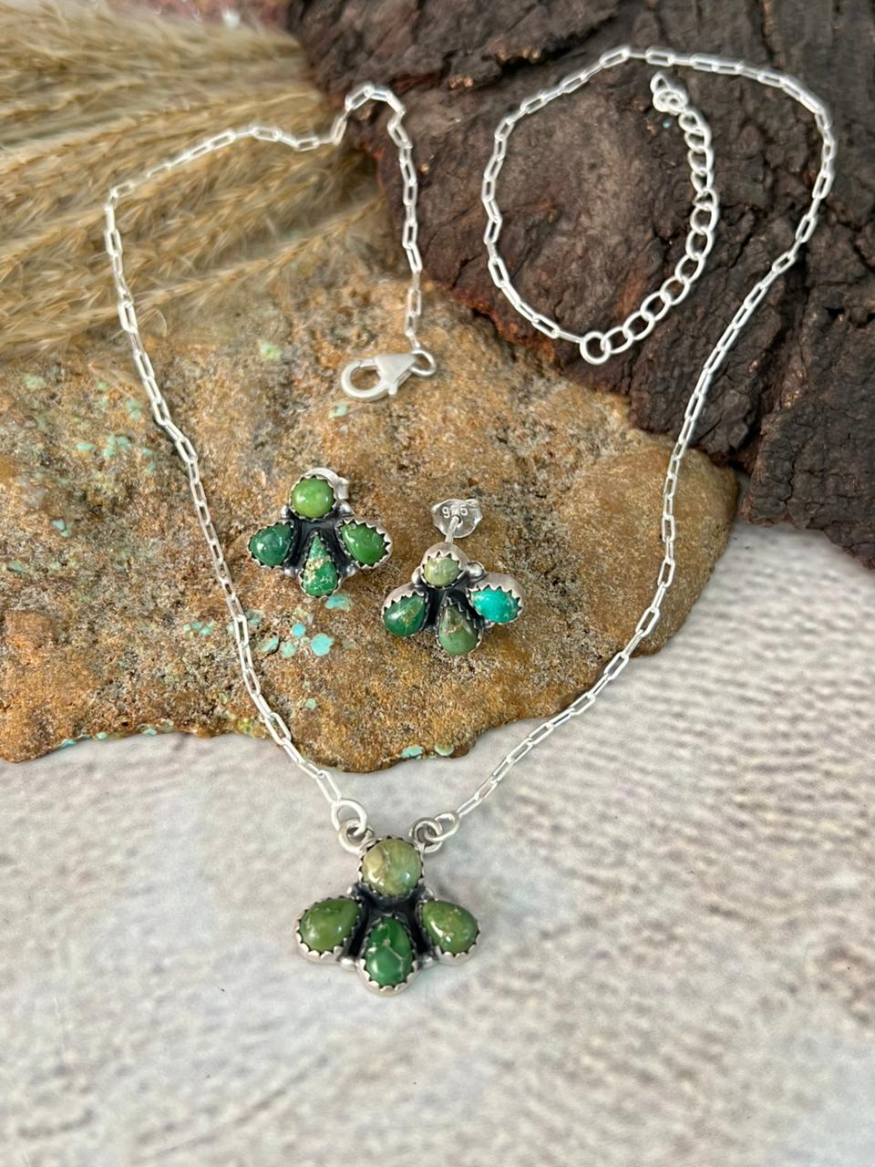 Handmade Sterling Silver Emerald Valley Turquoise Necklace Earrings Set "Signed Nizhoni"