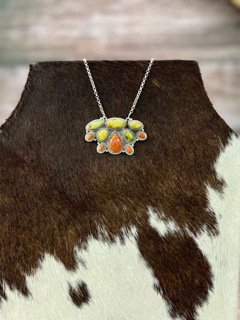 Handmade Sterling Silver Apple Coral and Palomino Necklace "Signed Nizhoni"