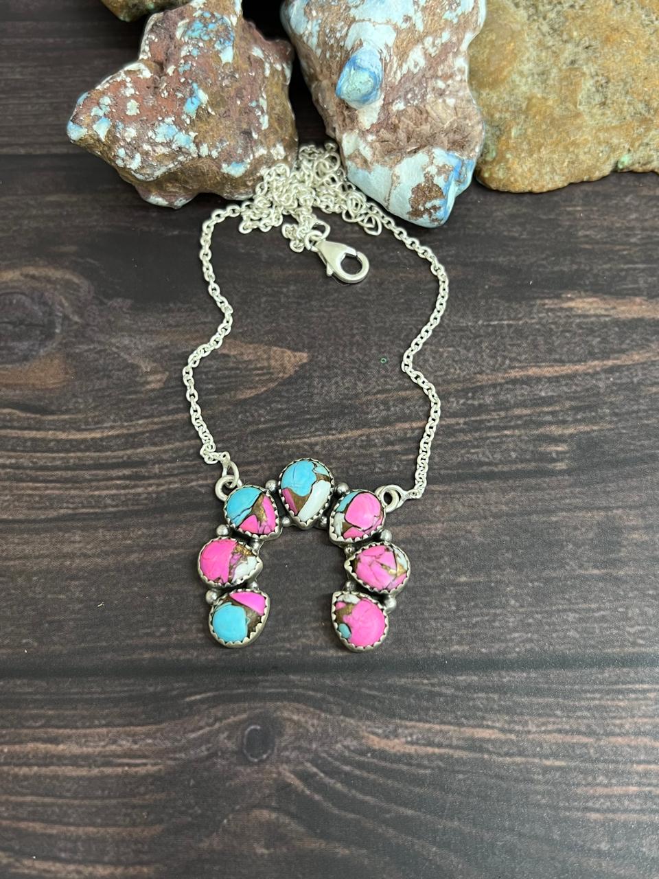 Handmade Sterling Silver Cotton Candy Turquoise Squash Blossom Necklace with Signed Nizhoni