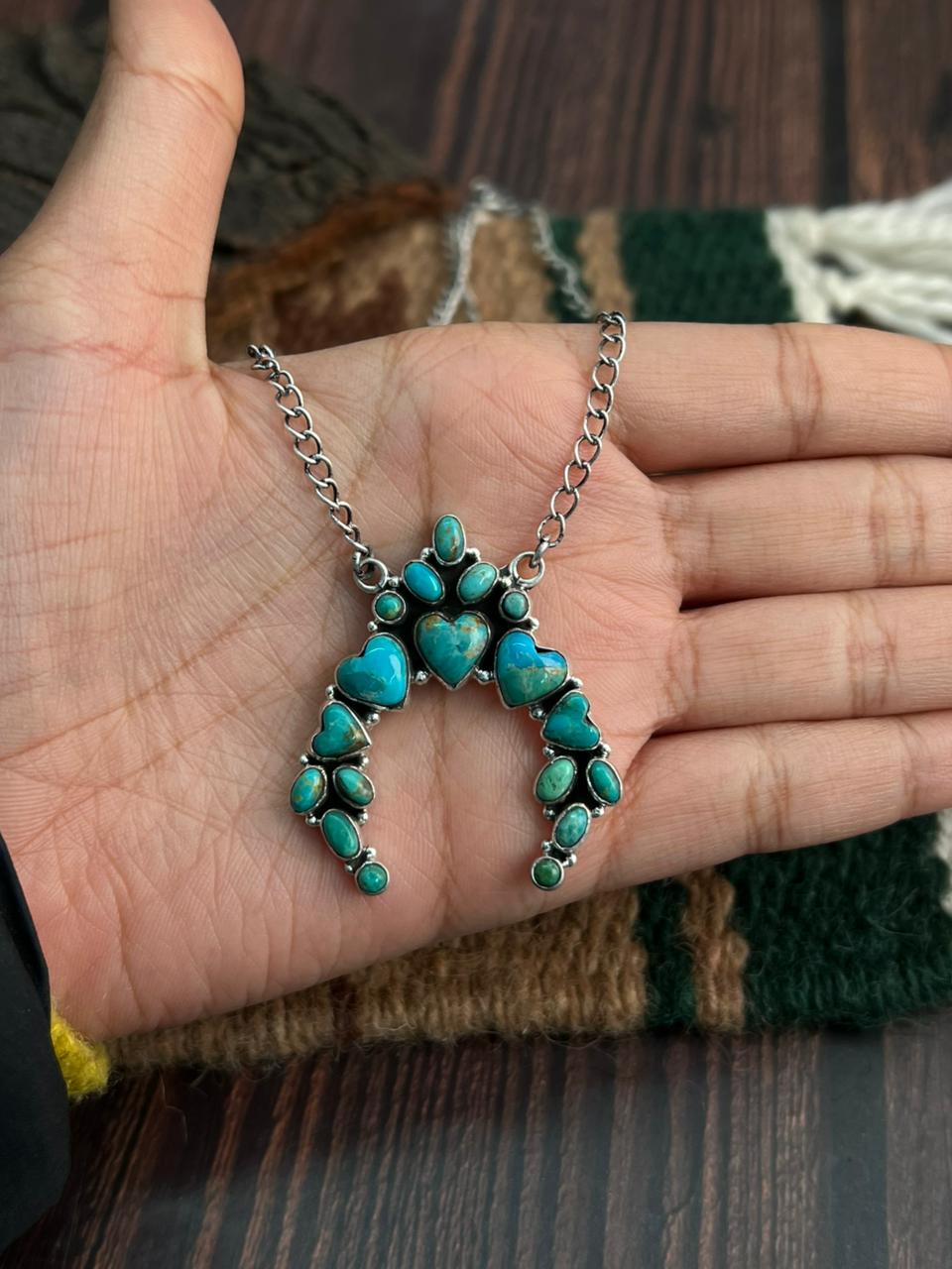 "Heart Collection" Handmade Sterling Silver Kingman Turquoise Necklace "Signed Nizhoni"