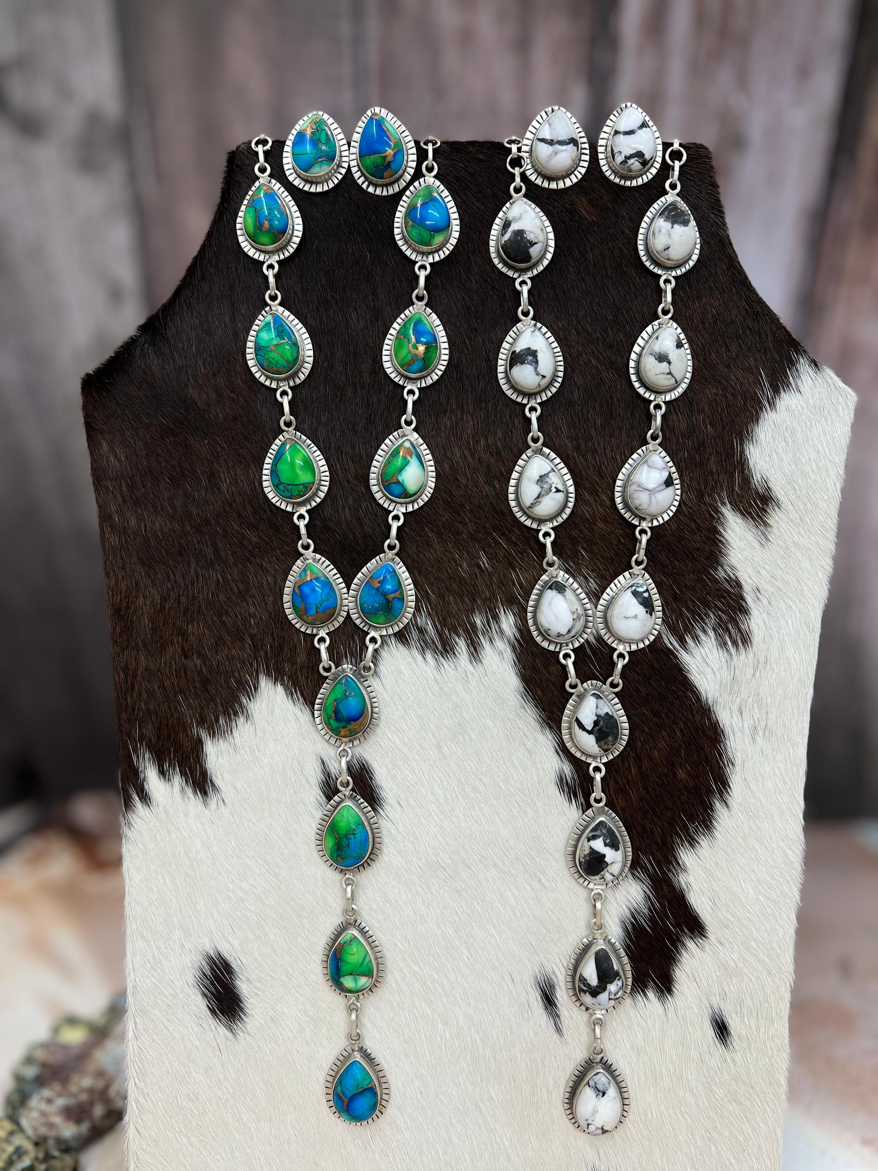 Handmade Sterling Silver White Buffalo Turquoise, Peacock Dahlia Necklace Earrings Set, Signed Nizhoni