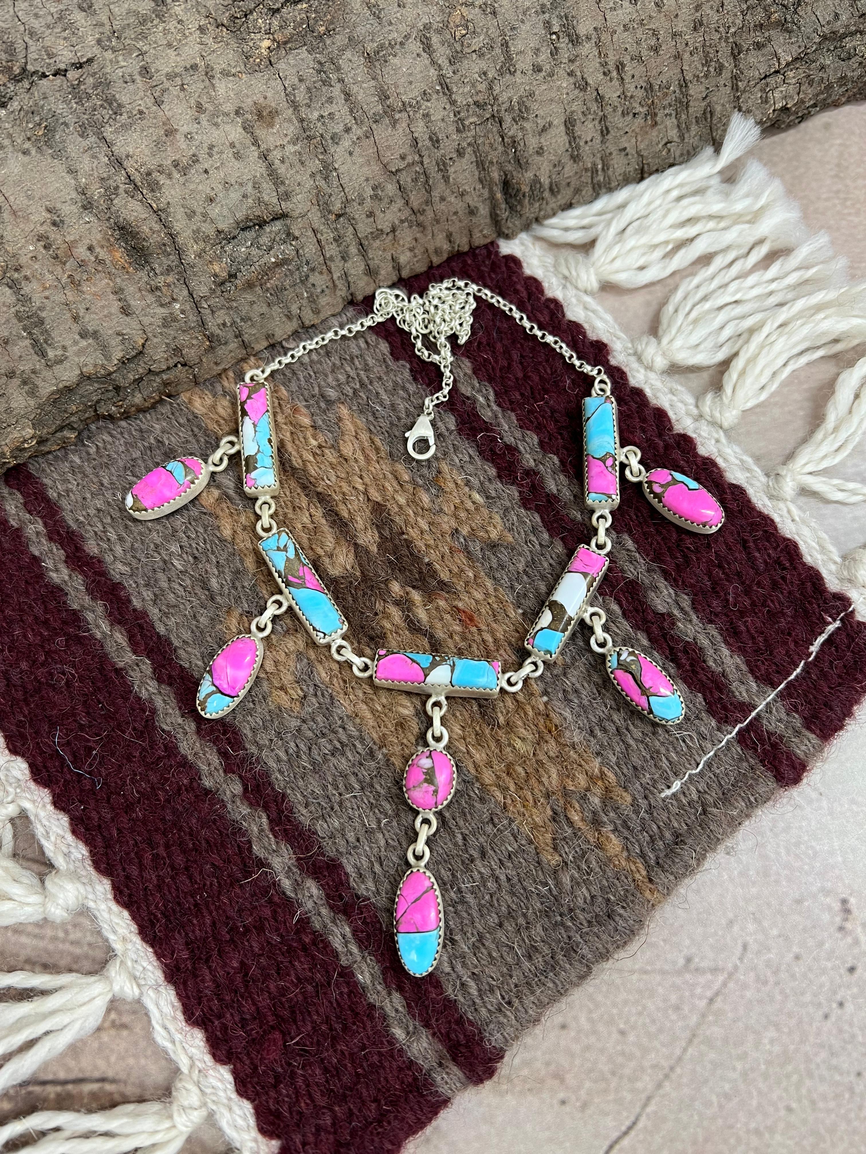Handmade Sterling Silver Cotton Candy Turquoise Necklace with Signed Nizhoni