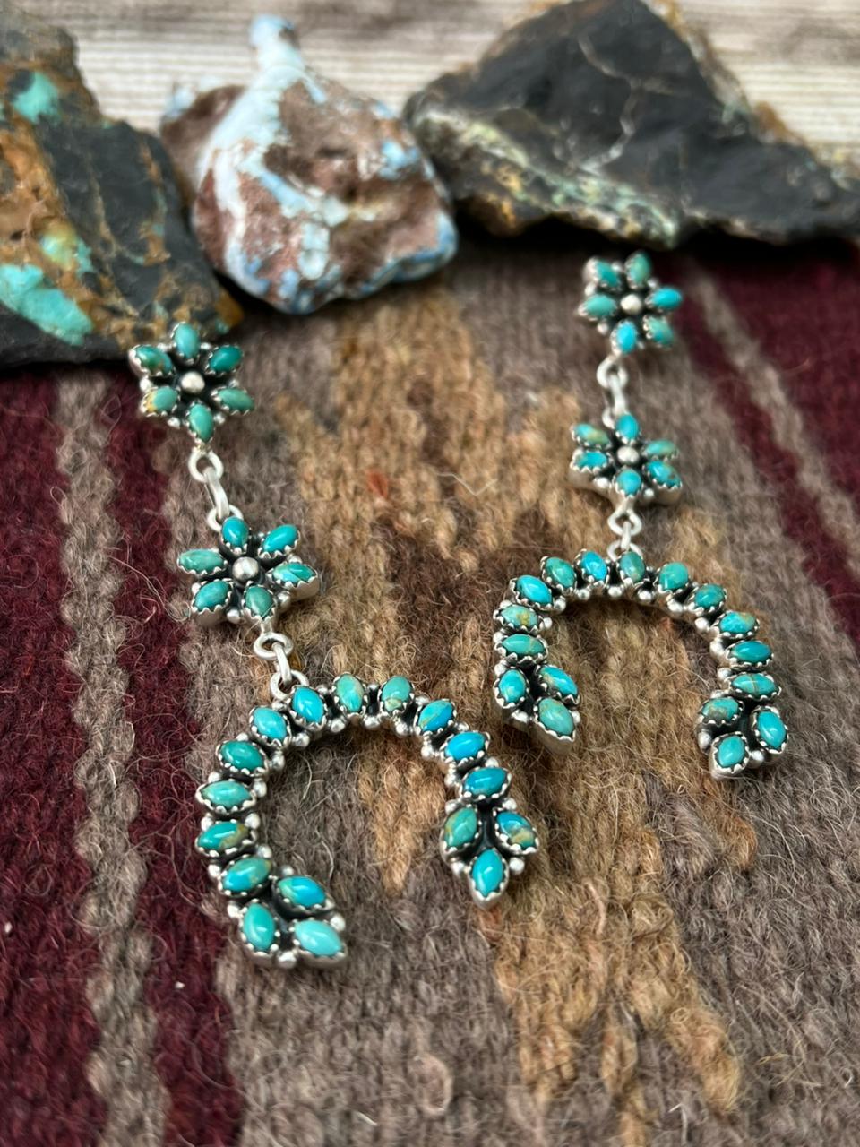 Handmade Sterling Silver Kingman Turquoise Post Dangle Earrings "Signed Nizhoni"