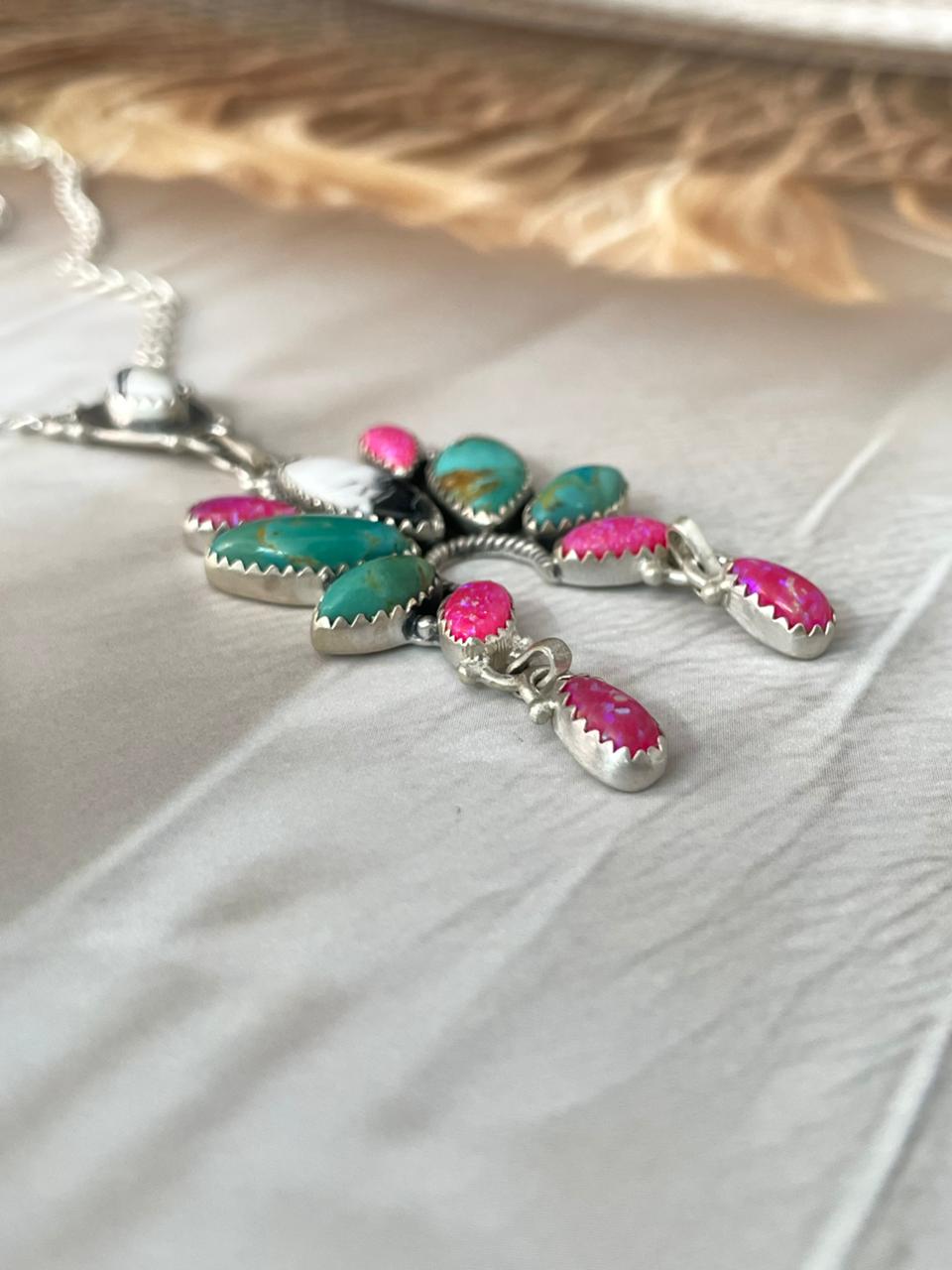 Handmade Sterling Silver Spring Collection: Kingman Turquoise with Hot Pink & White Buffalo Necklace "Signed Nizhoni"