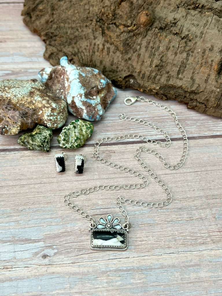 Handmade Sterling Silver White Buffalo Necklace Earrings Set with Signed Nizhoni