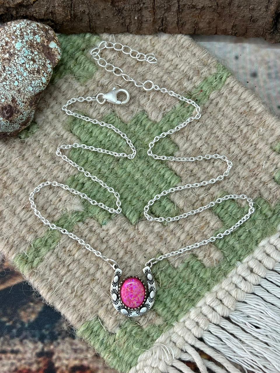 Handmade Sterling Silver Hot Pink Horseshoe Necklace "Signed Nizhoni"