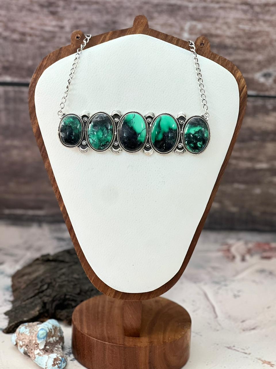 Handmade Sterling Silver Emerald Rose Heart Necklace "Signed Nizhoni"