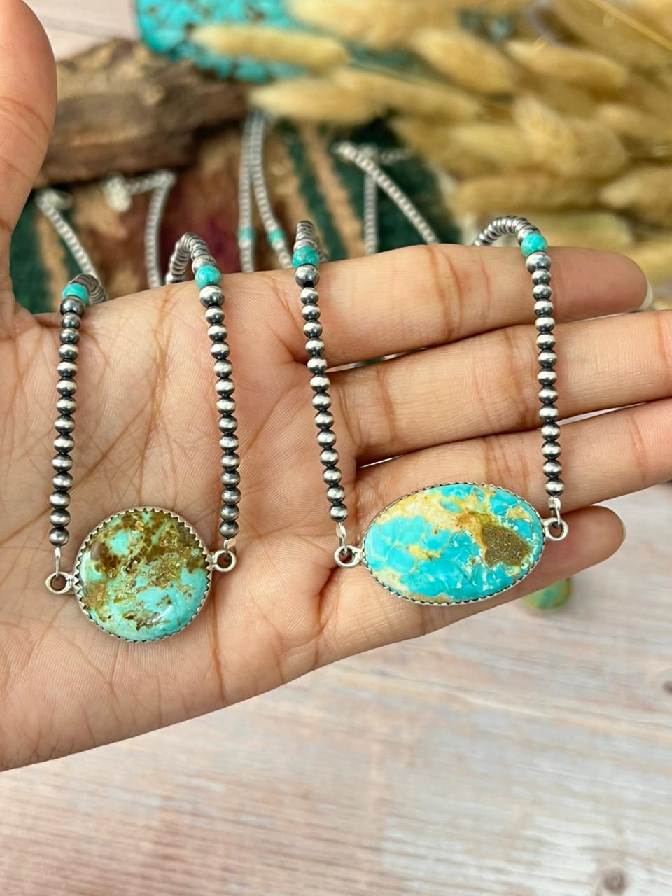 Handmade Sterling Silver Royston Ribbon Turquoise Beaded Necklace "Signed Nizhoni"