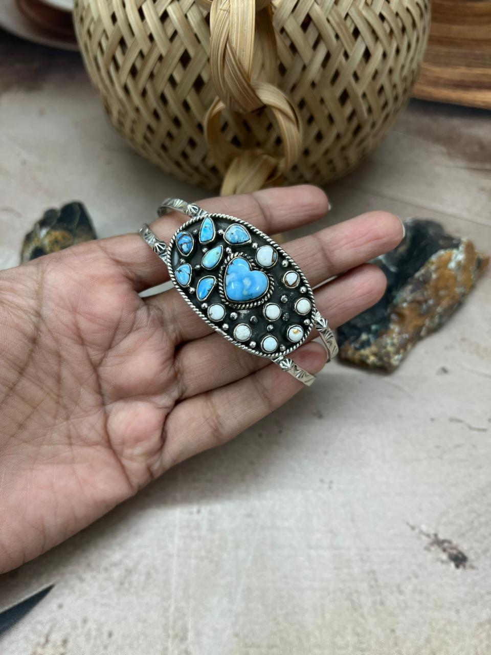 Handmade Sterling Silver Golden Hills with White Collection Bracelet "Signed Nizhoni"