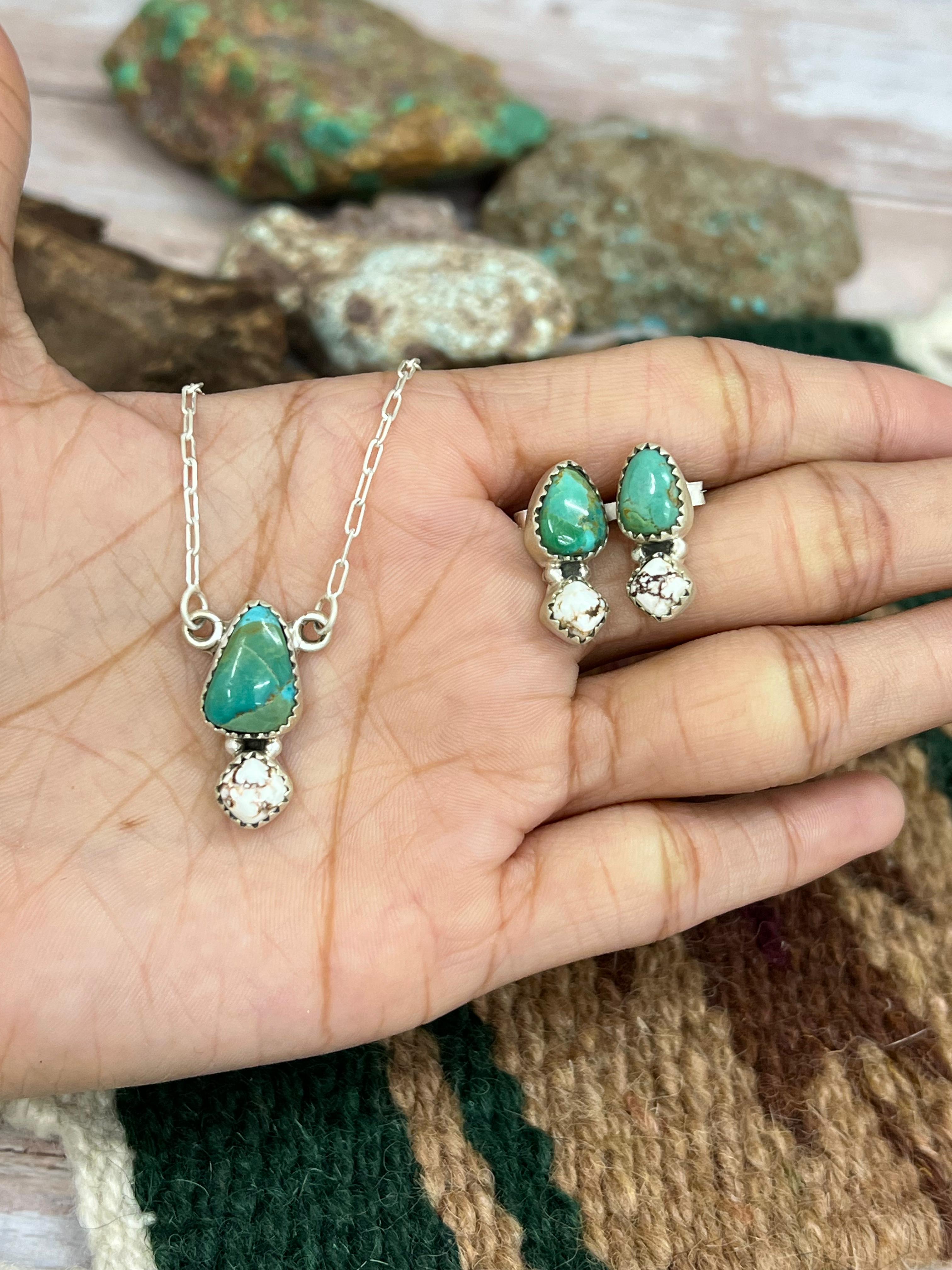 Handmade Sterling Silver Kingman Turquoise, Wild Horse Magnesite Necklace Earrings Set with Signed Nizhoni