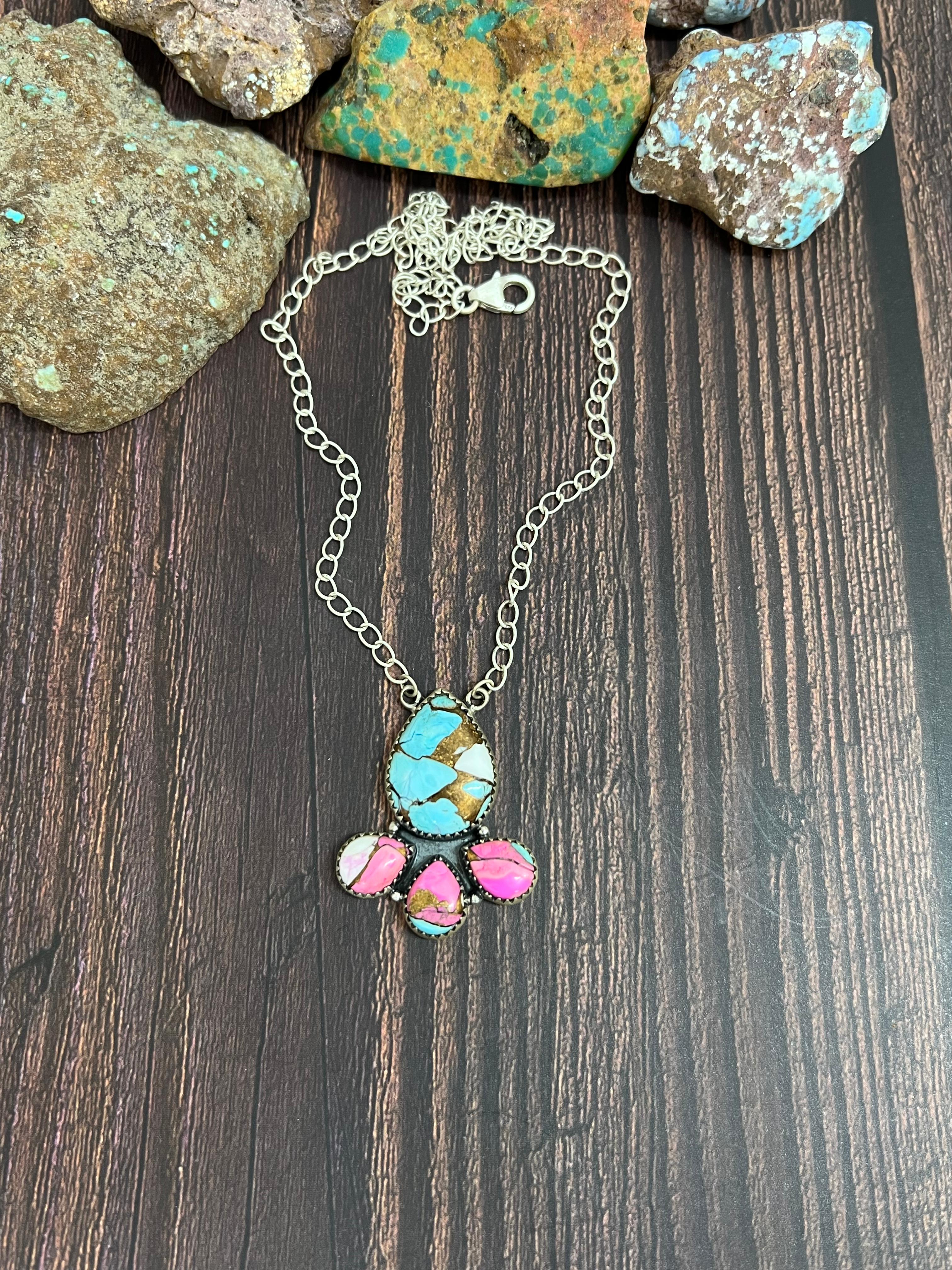 Handmade Sterling Silver Cotton Candy Turquoise Necklace with Signed Nizhoni