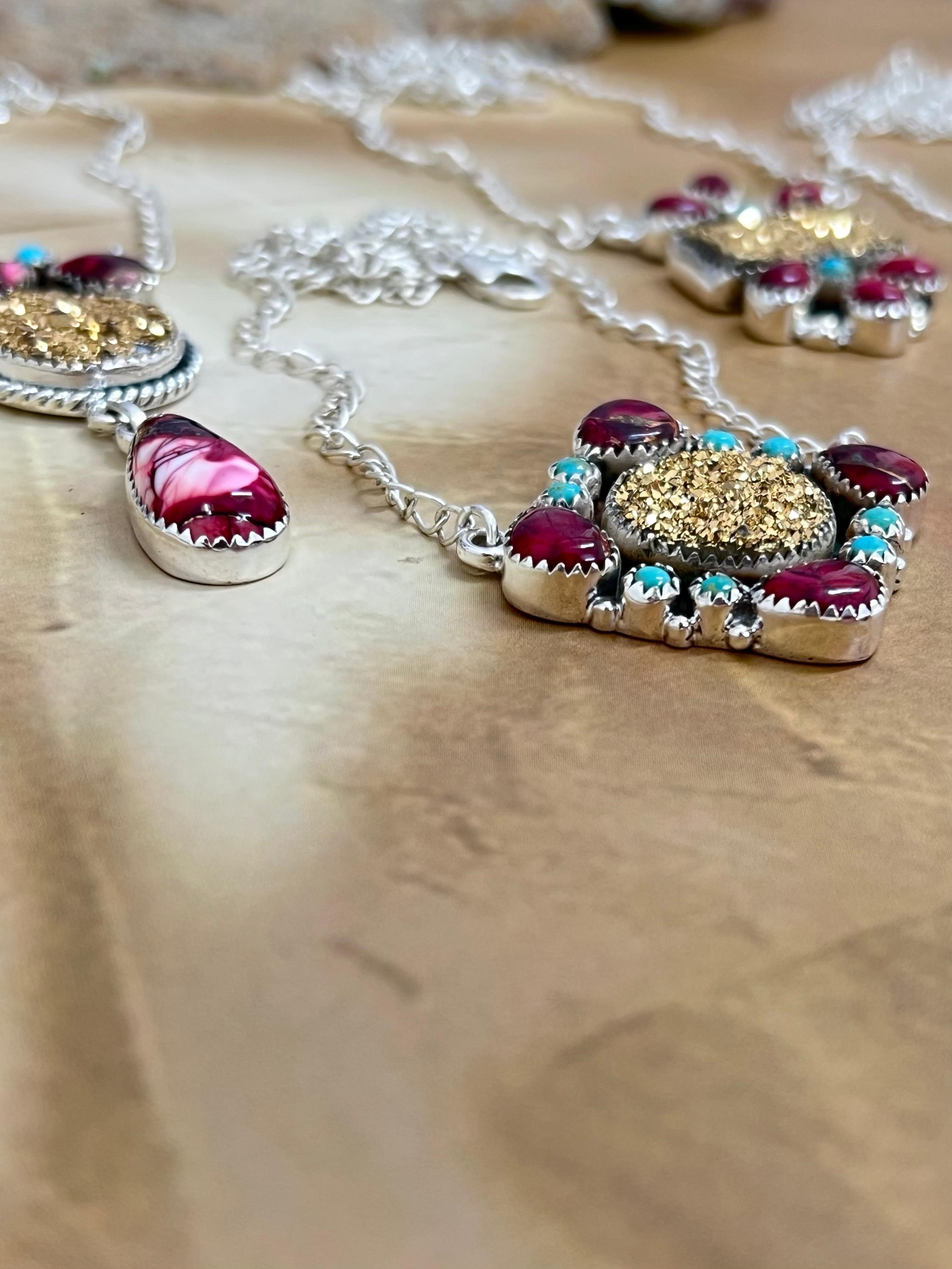 Handmade Sterling Silver Dahlia Rose with Druzy & Kingman Necklace, Signed Nizhoni