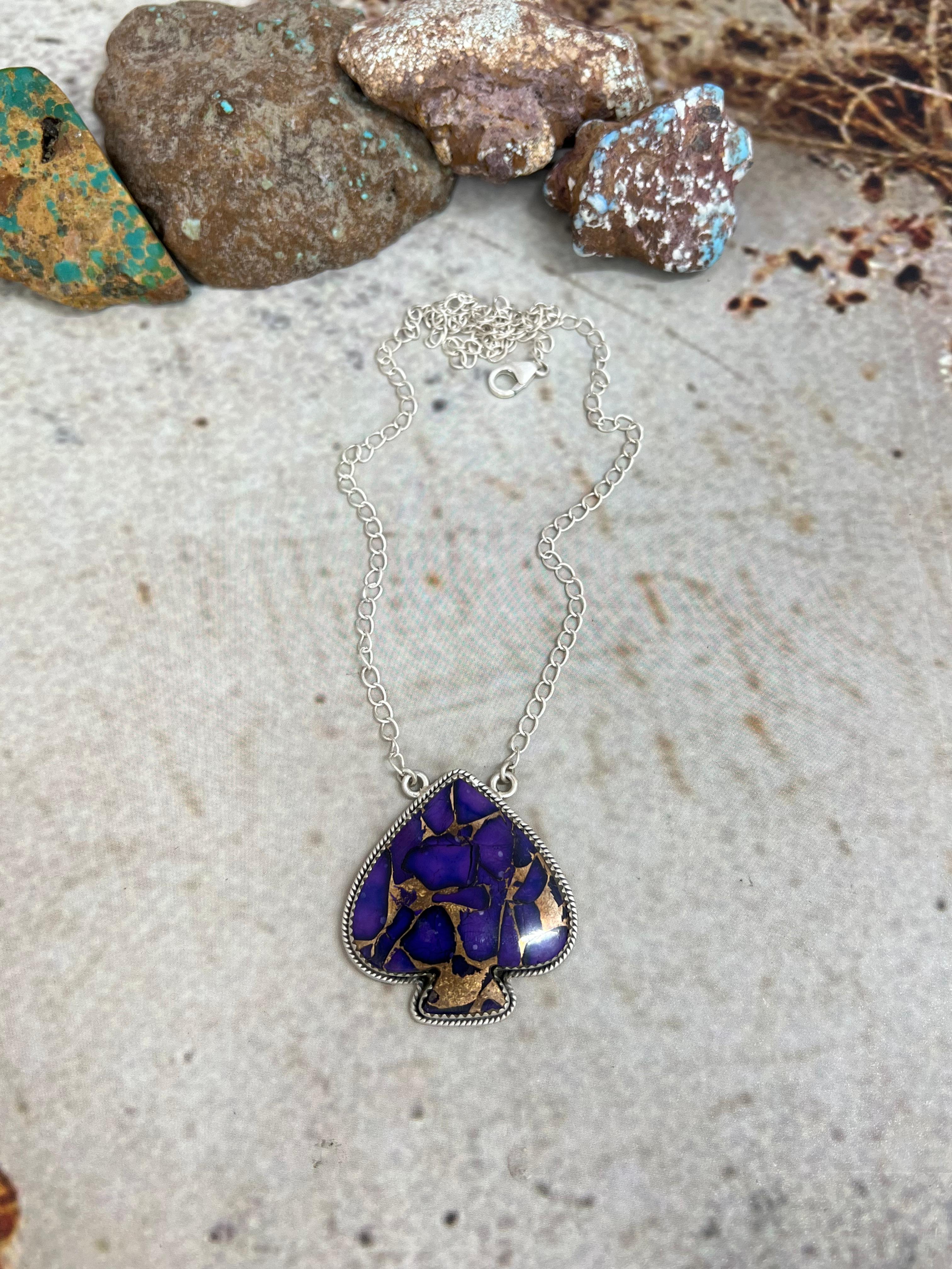 Handmade Sterling Silver Grape Dahlia Spade Necklace with Signed Nizhoni