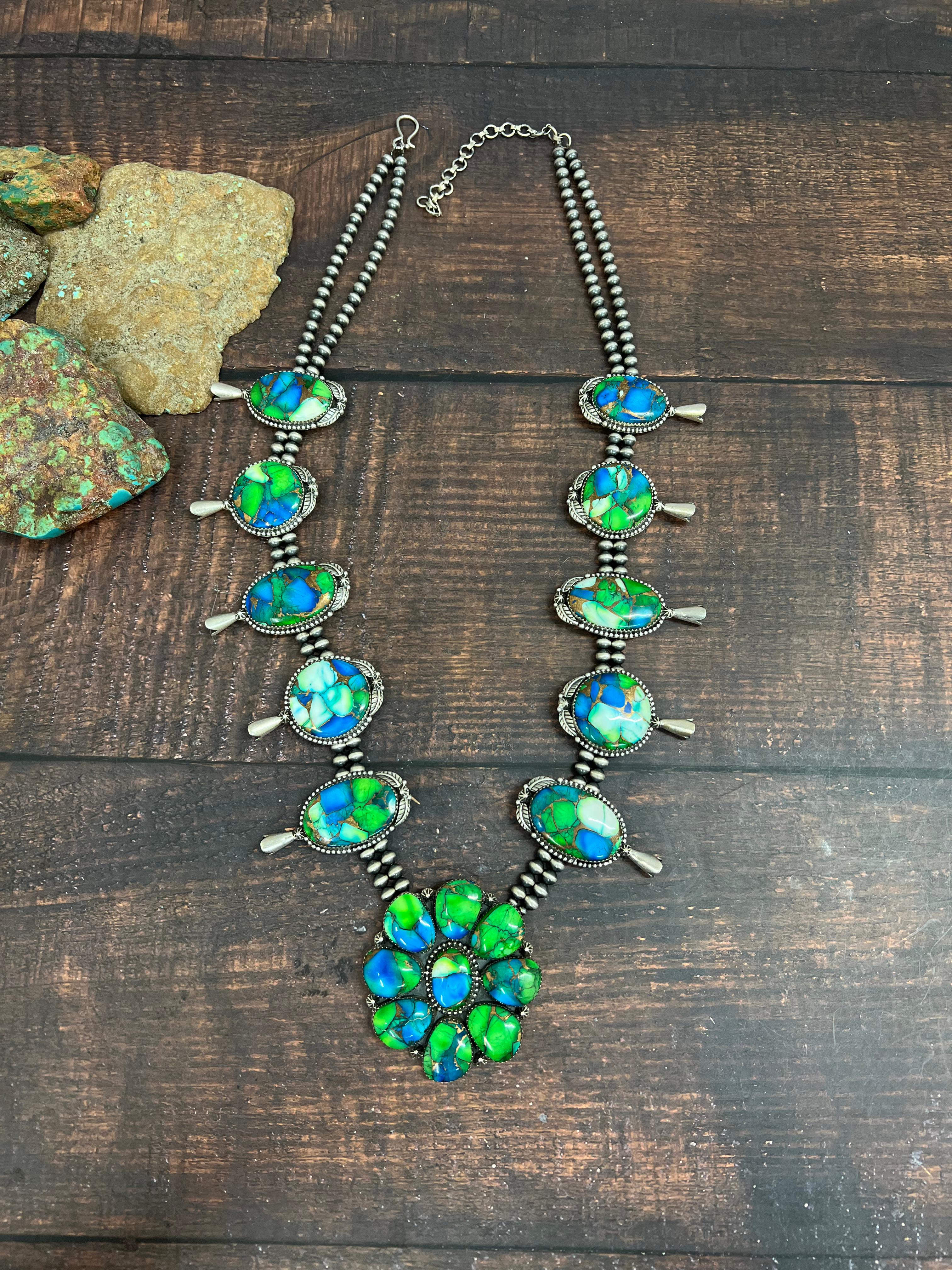 Handmade Sterling Silver Peacock Dahlia Beaded Necklace with Signed Nizhoni