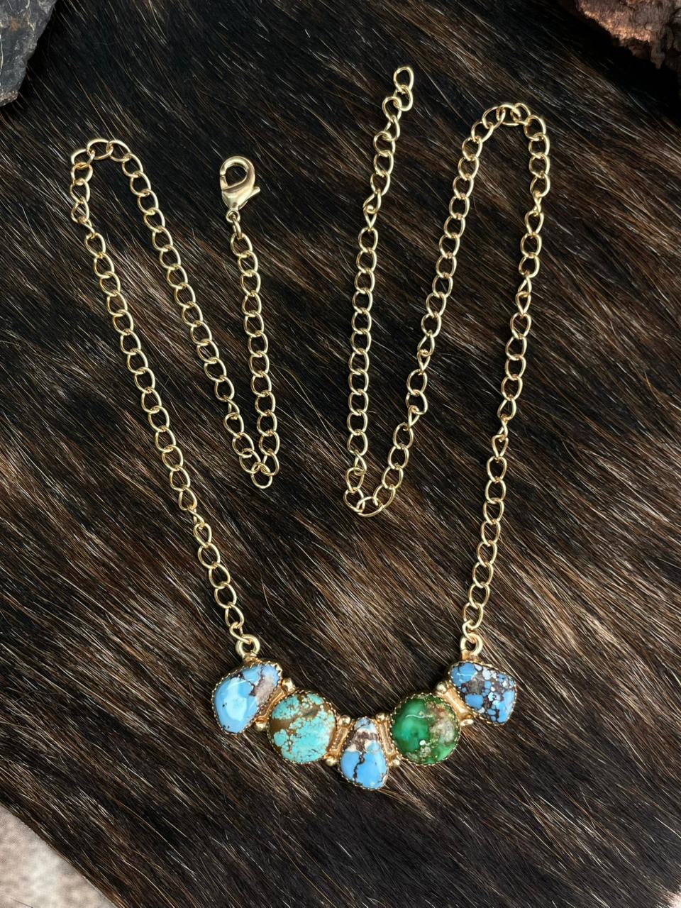 “The Golden Collection” Handmade Natural Golden Hills, Sonoran and Number 8 Turquoise Gold Plated Necklace STYLE 1