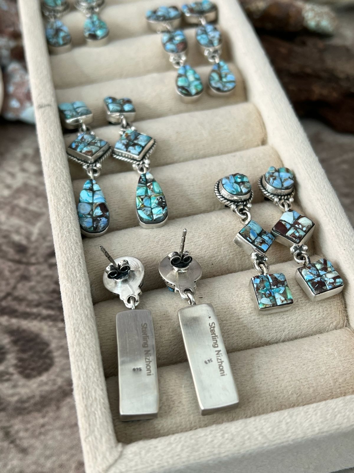 Handmade Sterling Silver Golden Hills Cobble Collection Post Dangle Earrings "Signed Nizhoni"