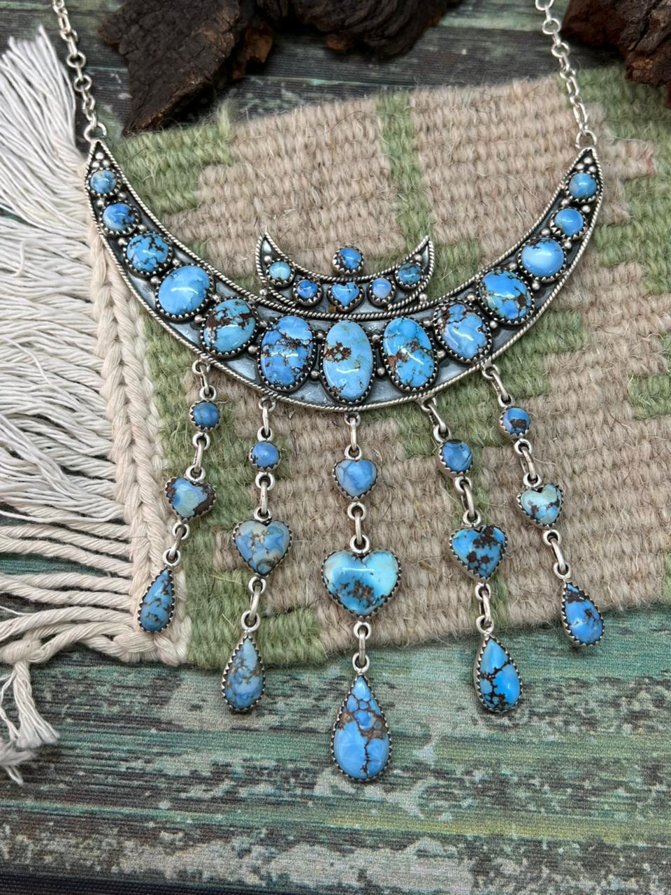 Handmade Sterling Silver Golden Hills Turquoise Choker Moon Necklace "Signed Nizhoni"