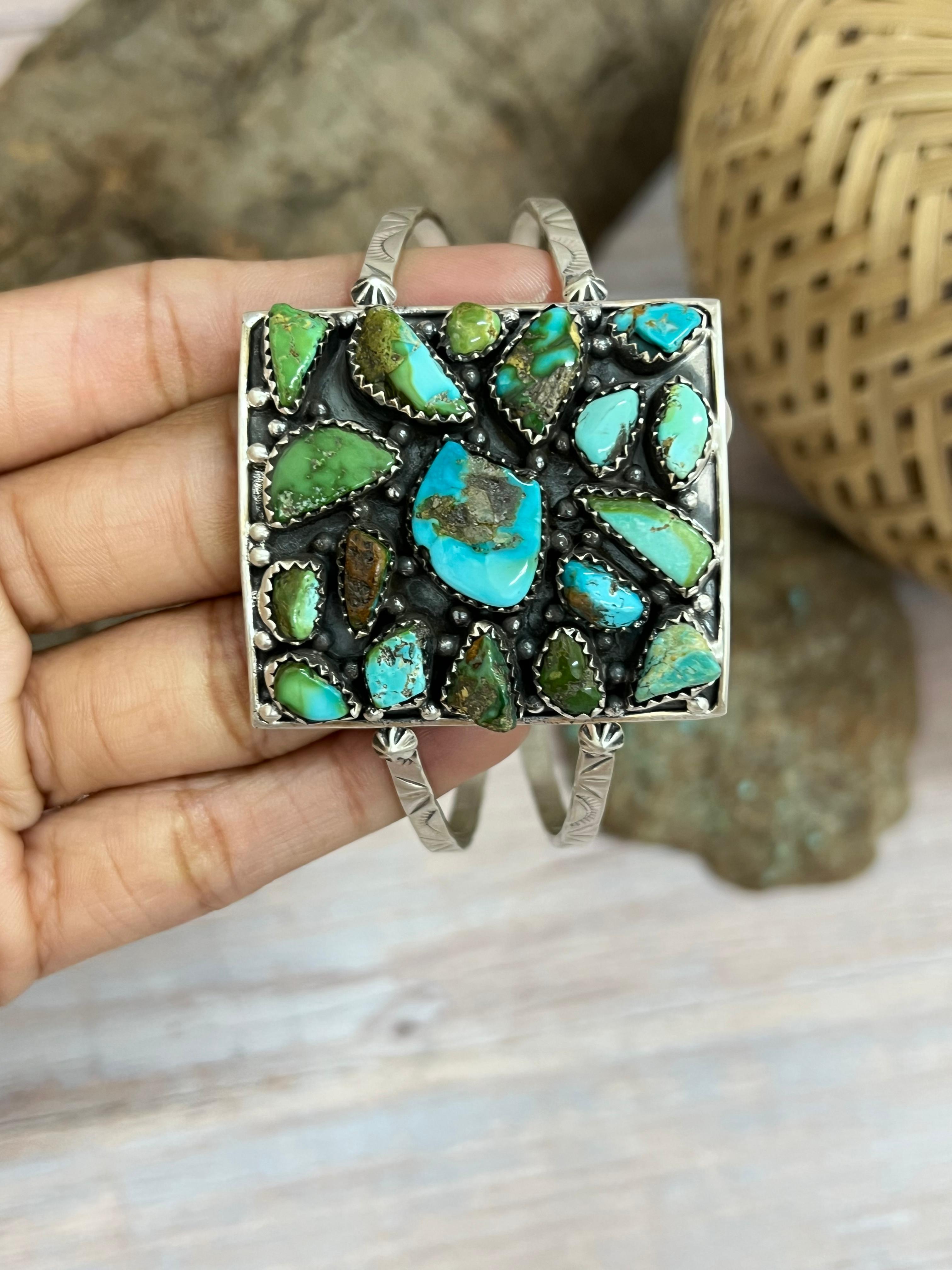Handmade Sterling Silver Golden Hill, Sonoran Mountain Turquoise Rectangle Bracelet with Signed Nizhoni /