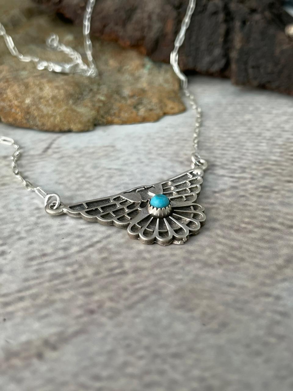 Handmade Sterling Silver Kingman Turquoise Thunder Bird Necklace "Signed Nizhoni"